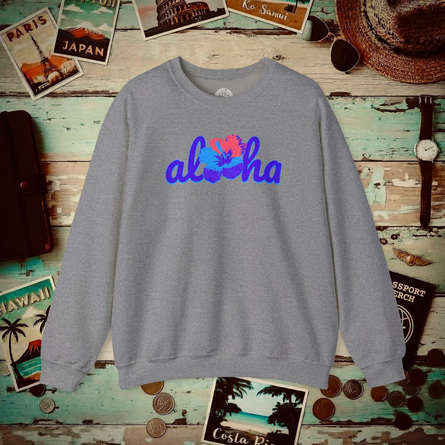 Purple Aloha Hibiscus, Hawaii Crewneck Graphite Heather / S