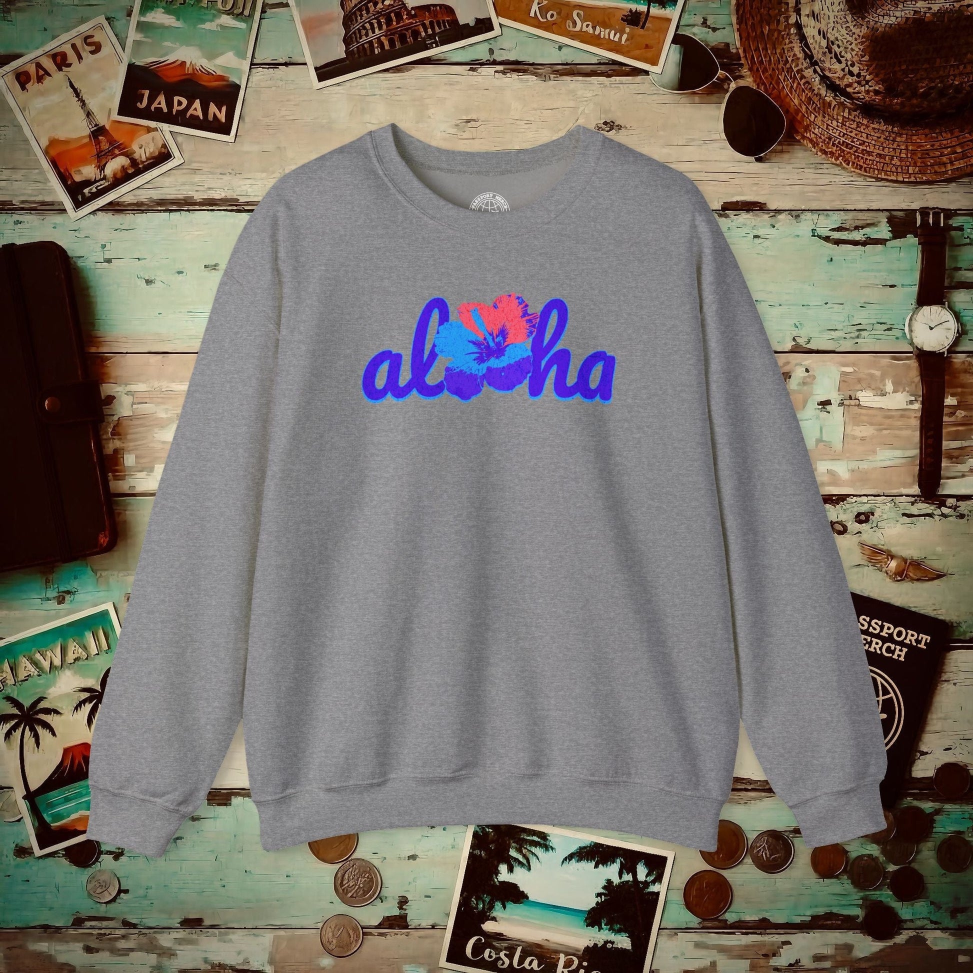Purple Aloha Hibiscus, Hawaii Crewneck Graphite Heather / S