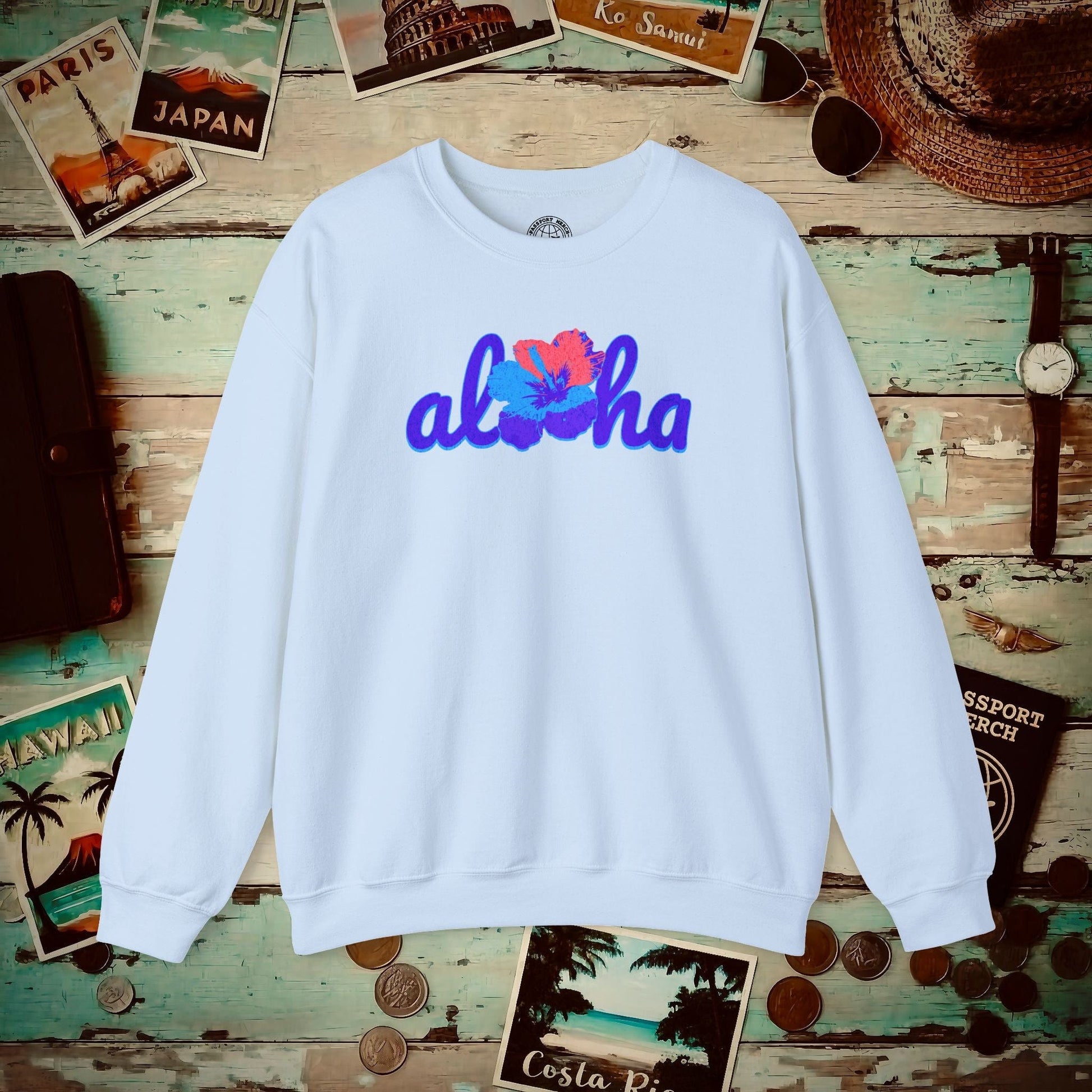 Purple Aloha Hibiscus, Hawaii Crewneck Light Blue / S