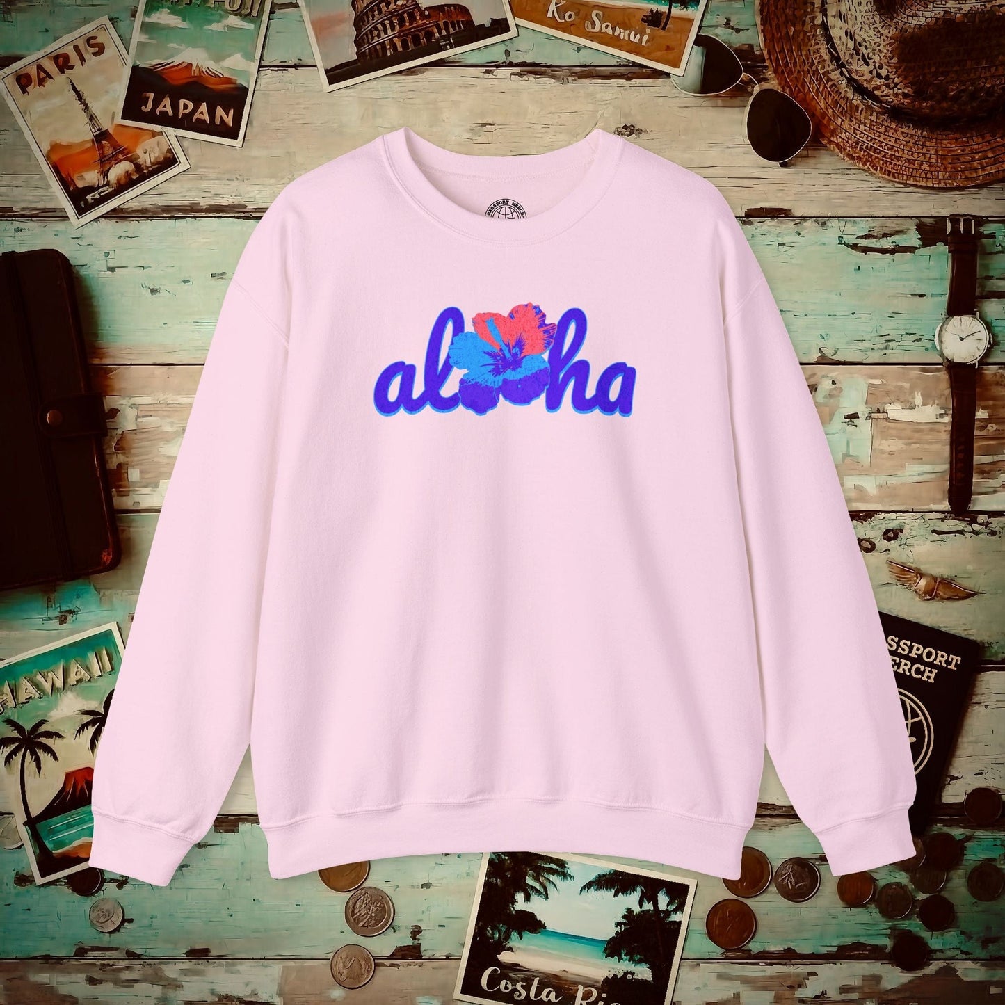 Purple Aloha Hibiscus, Hawaii Crewneck Light Pink / S