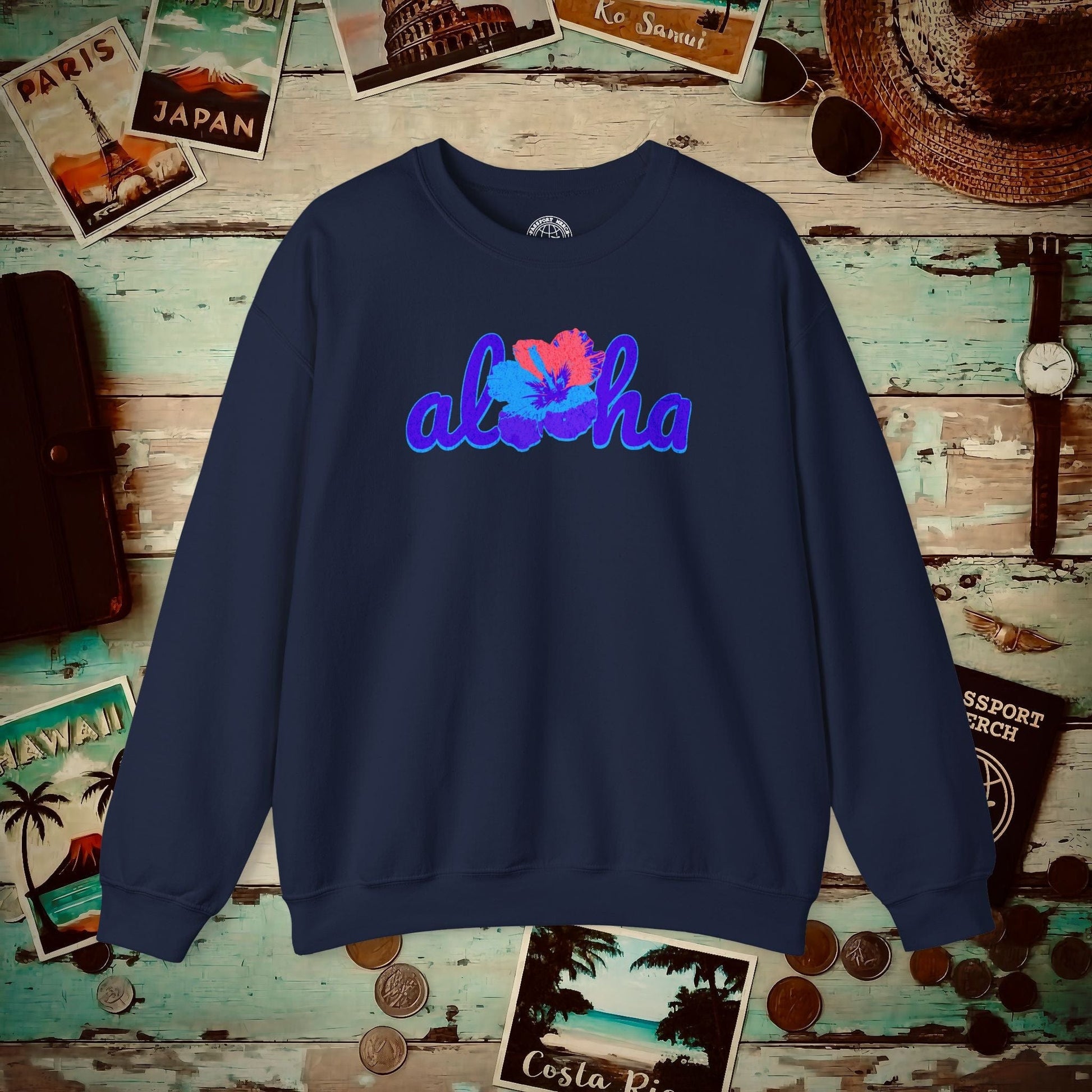 Purple Aloha Hibiscus, Hawaii Crewneck Navy / S