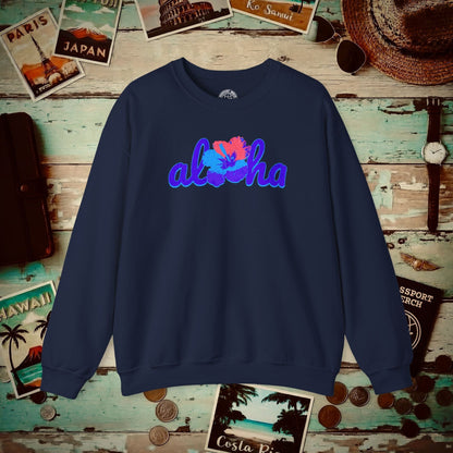 Purple Aloha Hibiscus, Hawaii Crewneck Navy / S
