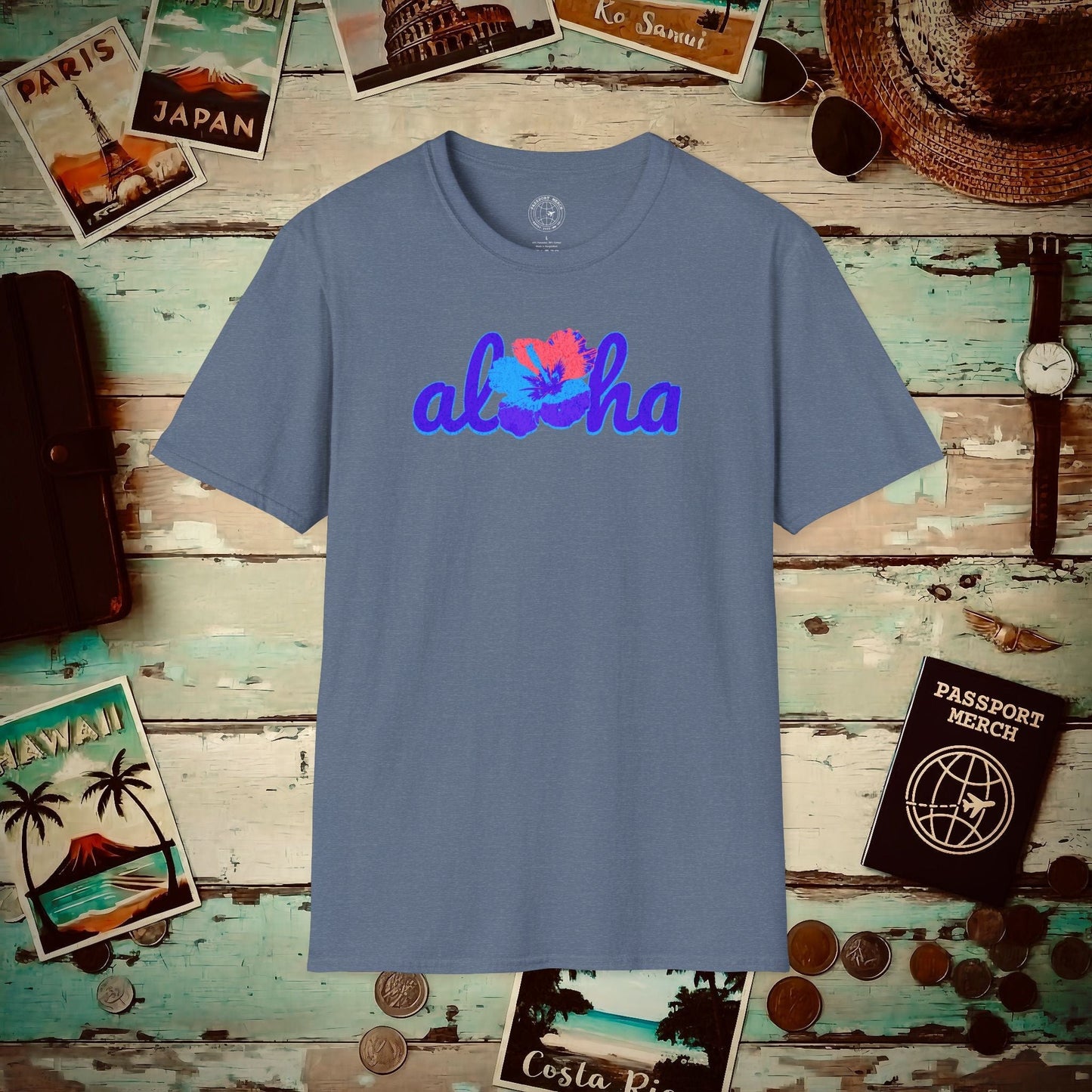 Purple Aloha Hibiscus, Hawaii T-Shirt Heather Indigo / S