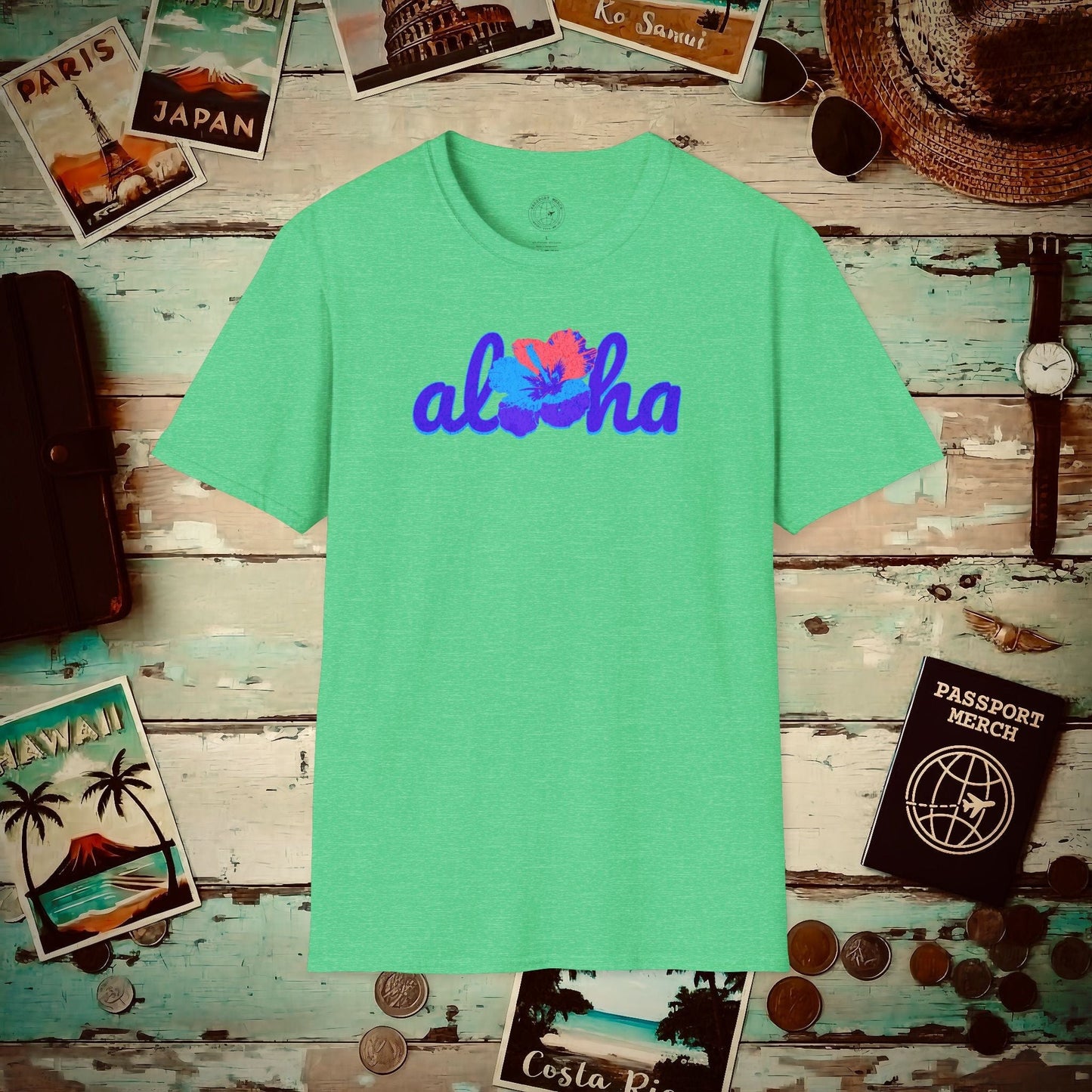 Purple Aloha Hibiscus, Hawaii T-Shirt Heather Irish Green / S