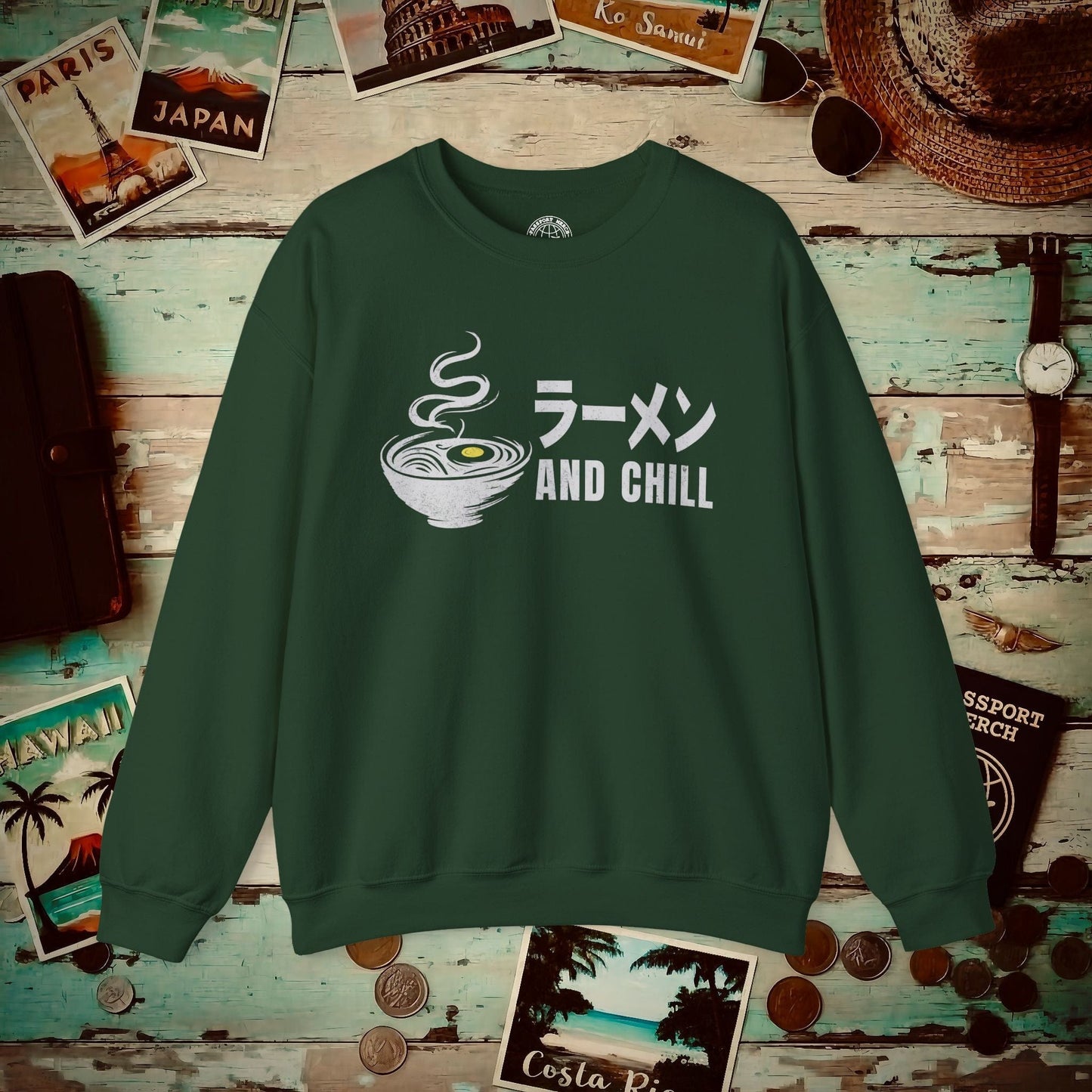 Ramen and Chill, Japan Crewneck Forest Green / S