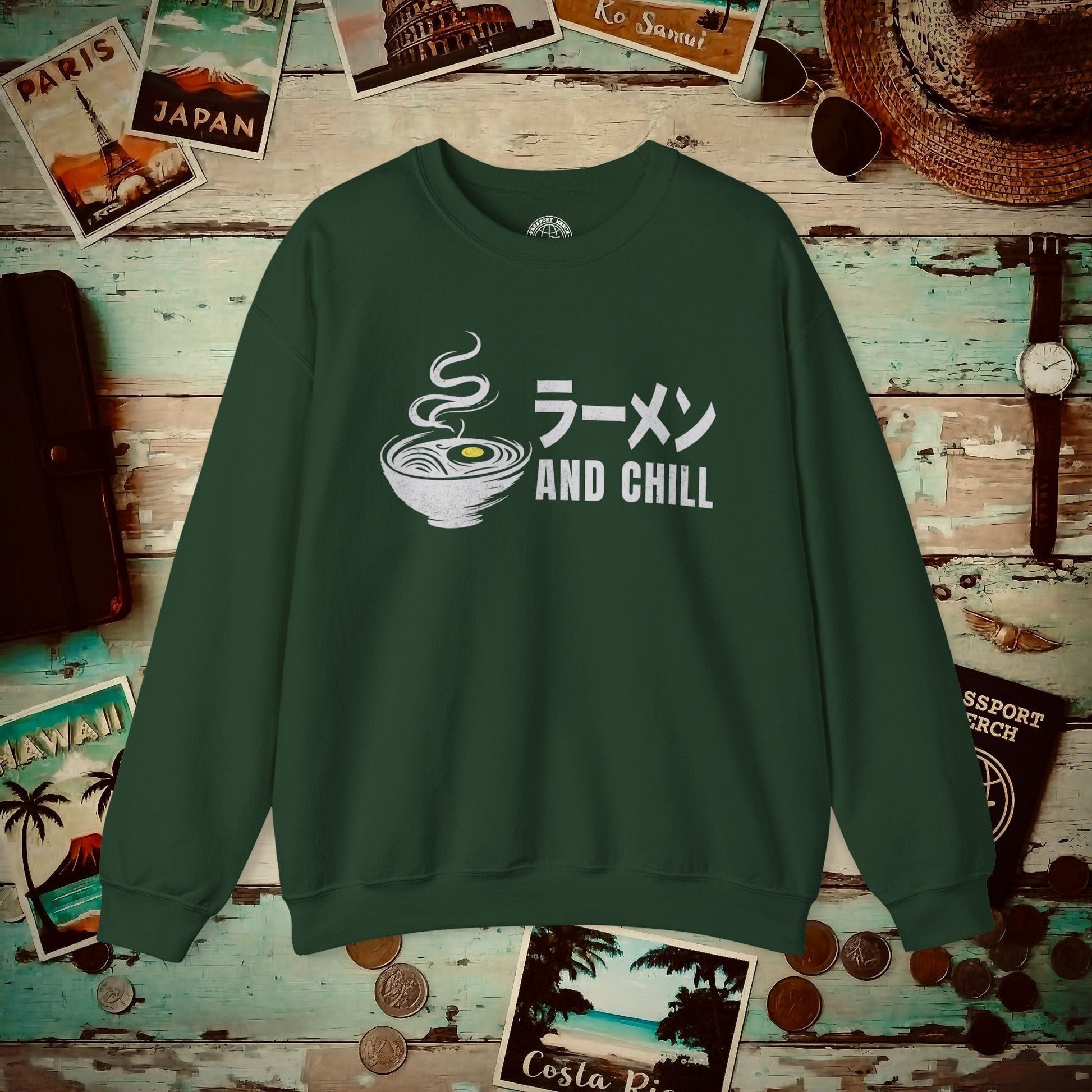 Ramen and Chill, Japan Crewneck Forest Green / S