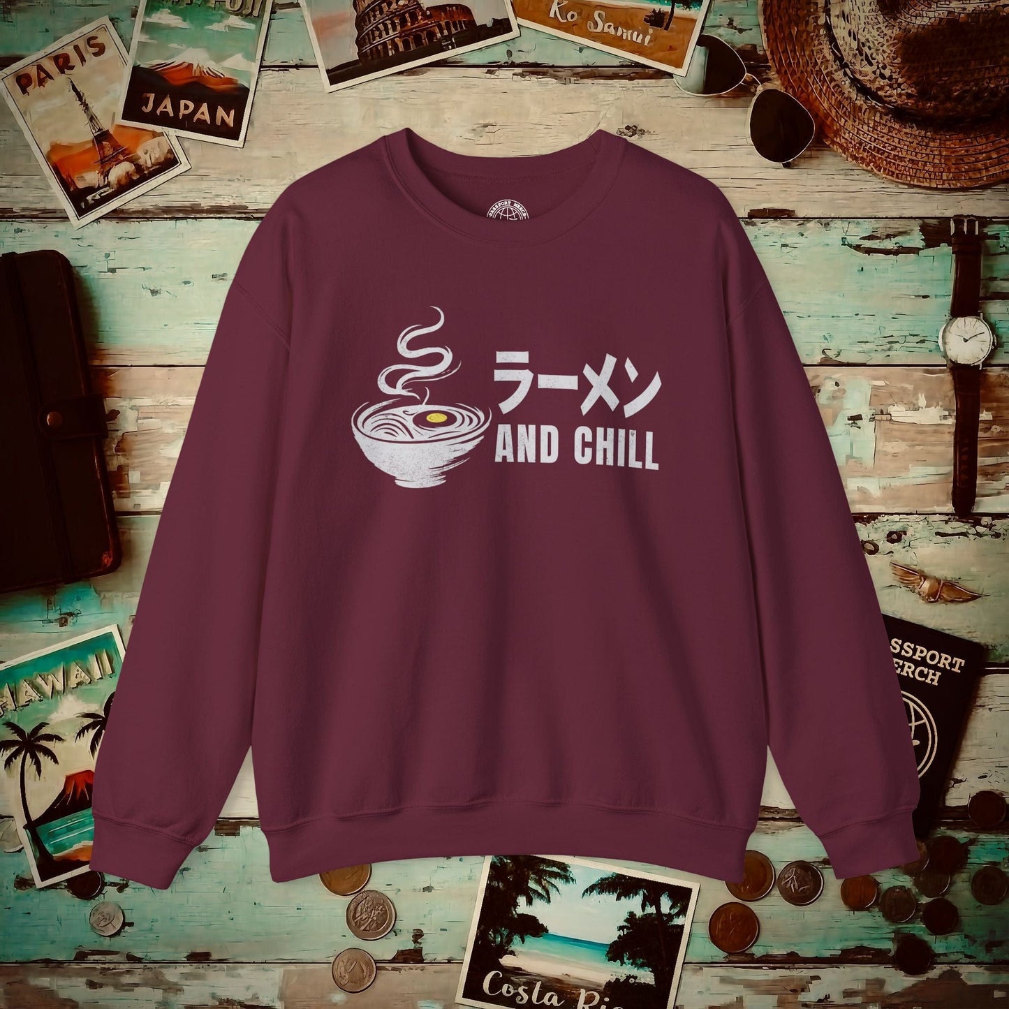Ramen and Chill, Japan Crewneck Maroon / S