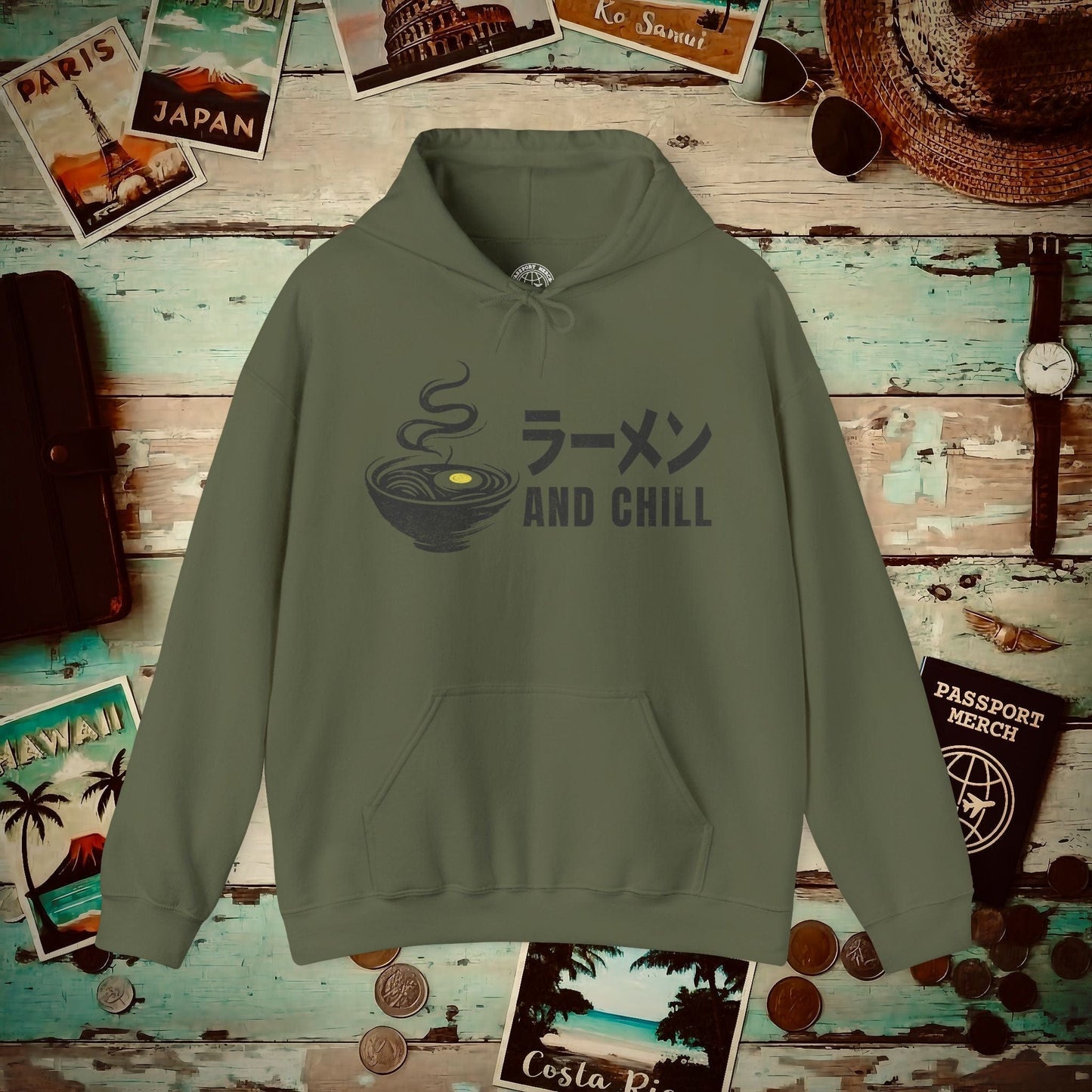 Ramen and Chill, Japan Hoodie Military Green / S