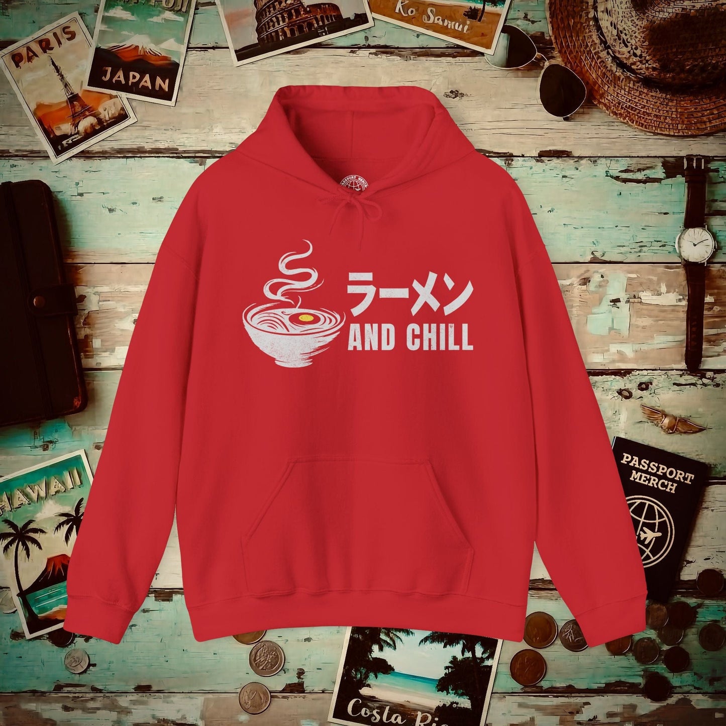 Ramen and Chill, Japan Hoodie Red / S