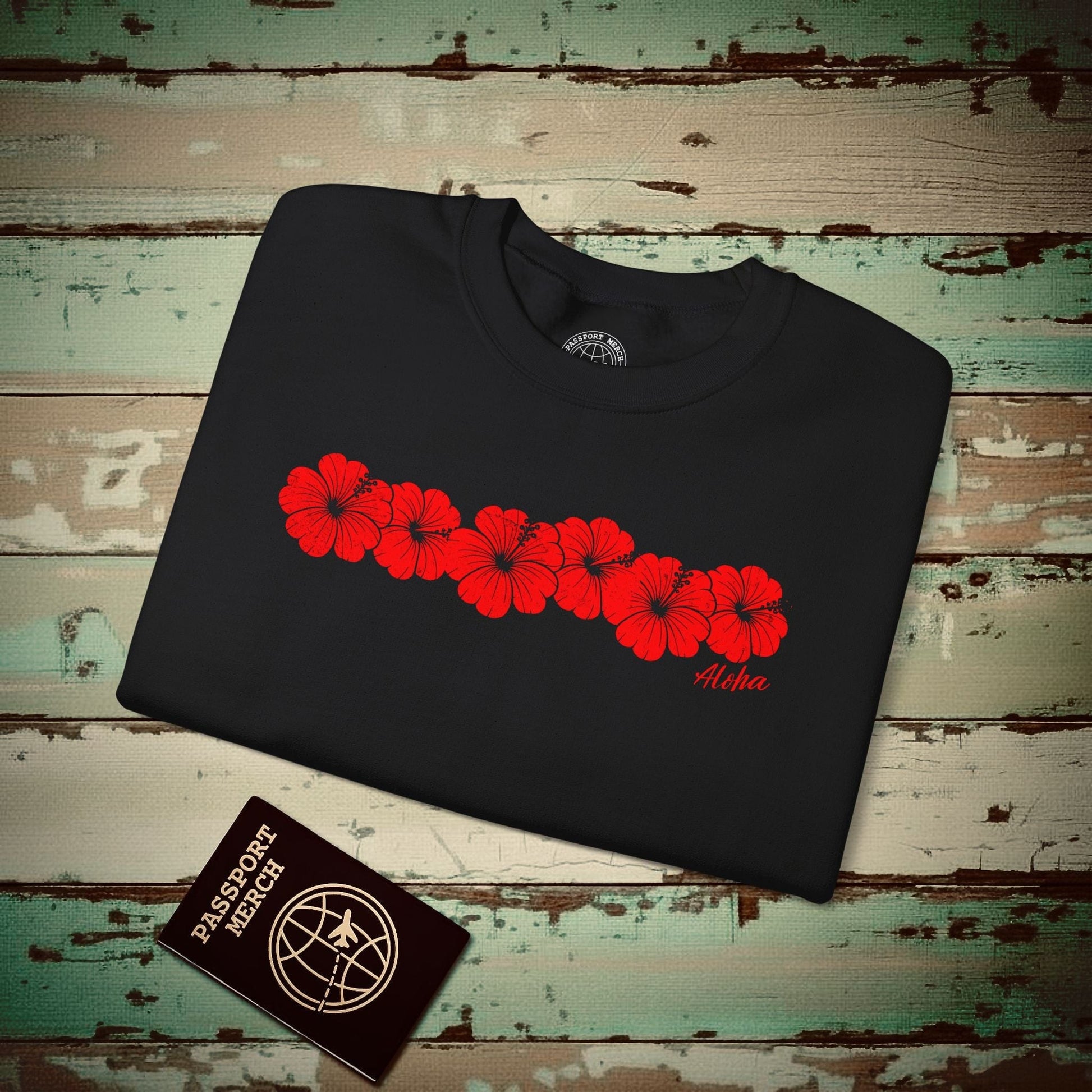 RED Monochrome Hibiscus, Hawaii Crewneck Black / S