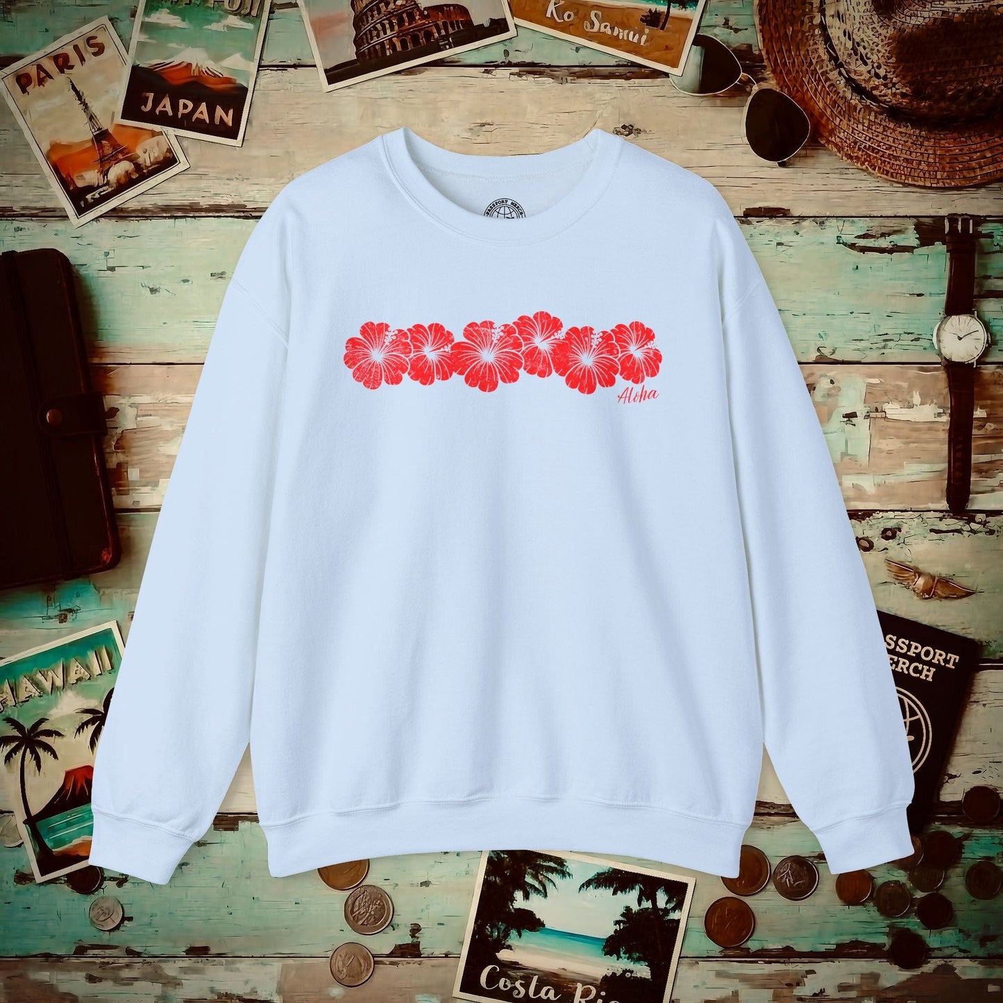 RED Monochrome Hibiscus, Hawaii Crewneck Light Blue / S