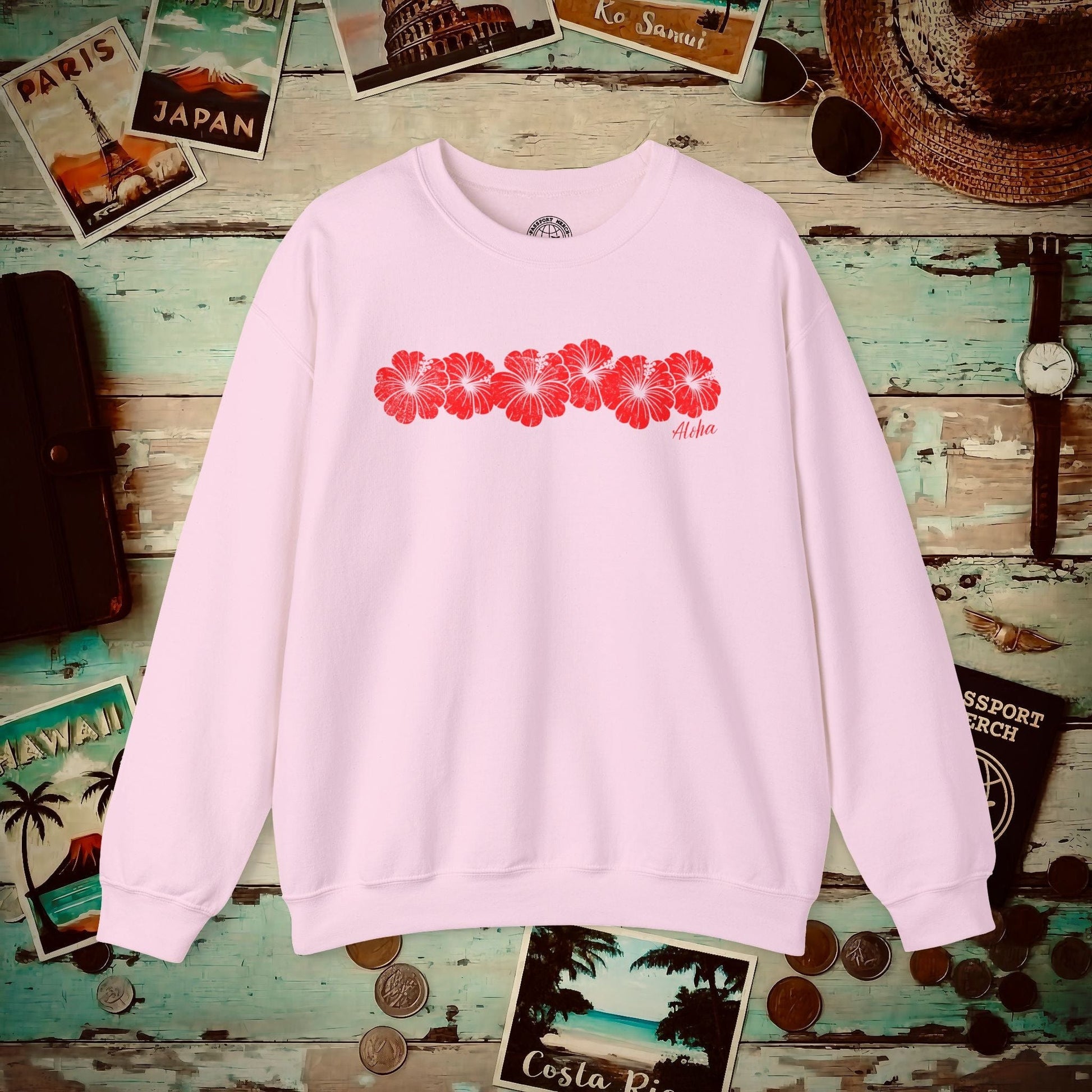 RED Monochrome Hibiscus, Hawaii Crewneck Light Pink / S