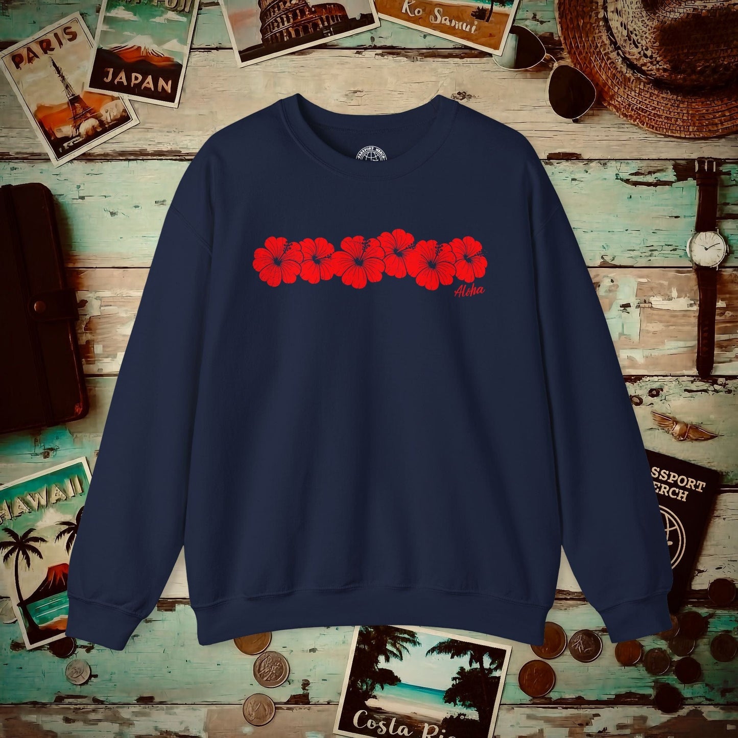 RED Monochrome Hibiscus, Hawaii Crewneck Navy / S