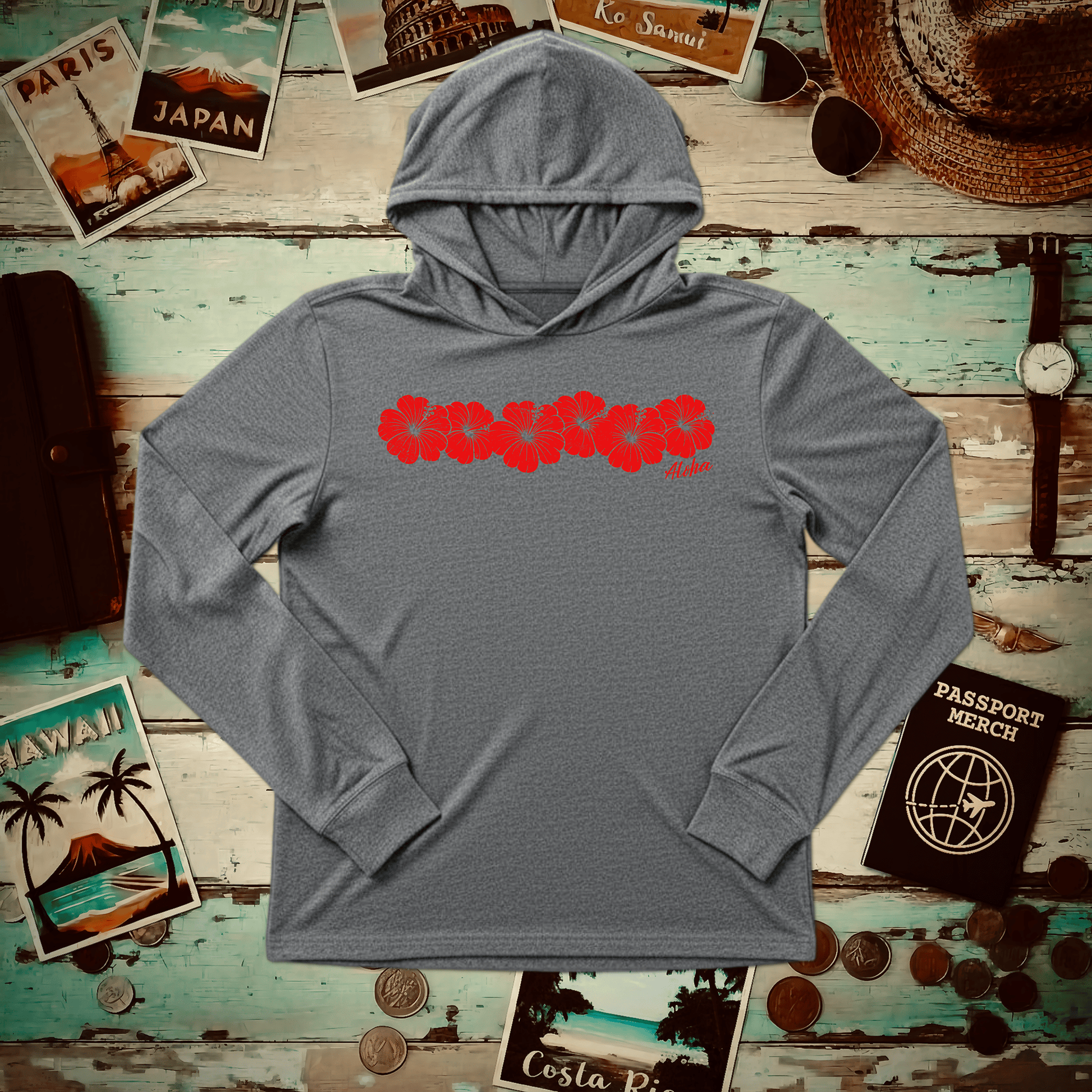 RED Monochrome Hibiscus, Hawaii Hooded Long Sleeve Grey TriBlend / XS