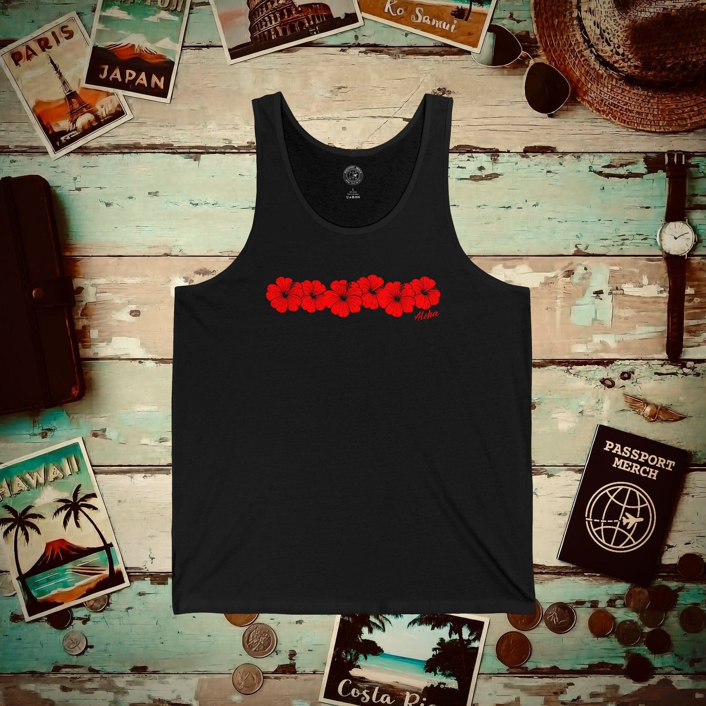 RED Monochrome Hibiscus, Hawaii Tank Top Black / XS