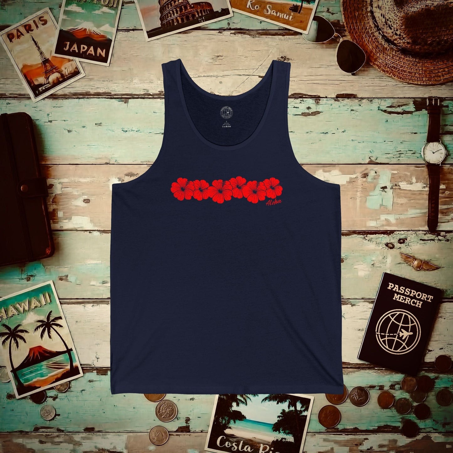 RED Monochrome Hibiscus, Hawaii Tank Top Navy / XS