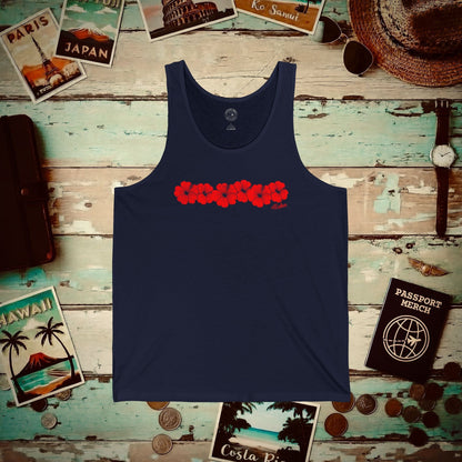 RED Monochrome Hibiscus, Hawaii Tank Top Navy / XS