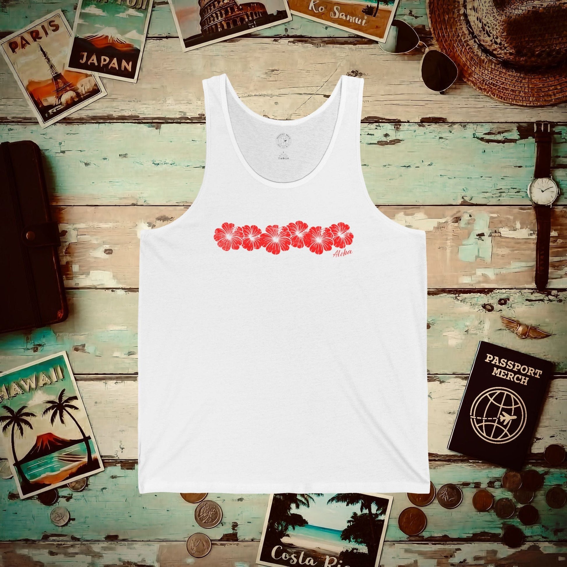 RED Monochrome Hibiscus, Hawaii Tank Top White / XS