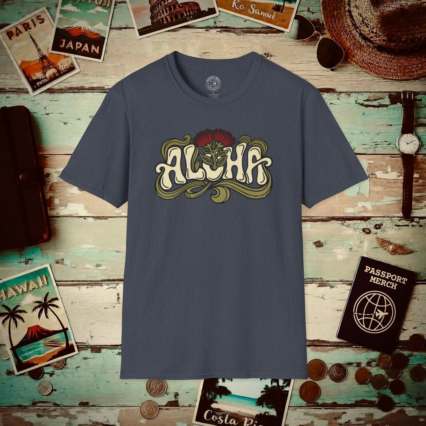 Retro Aloha Lehua Blossom, Hawaii T-Shirt Heather Navy / S