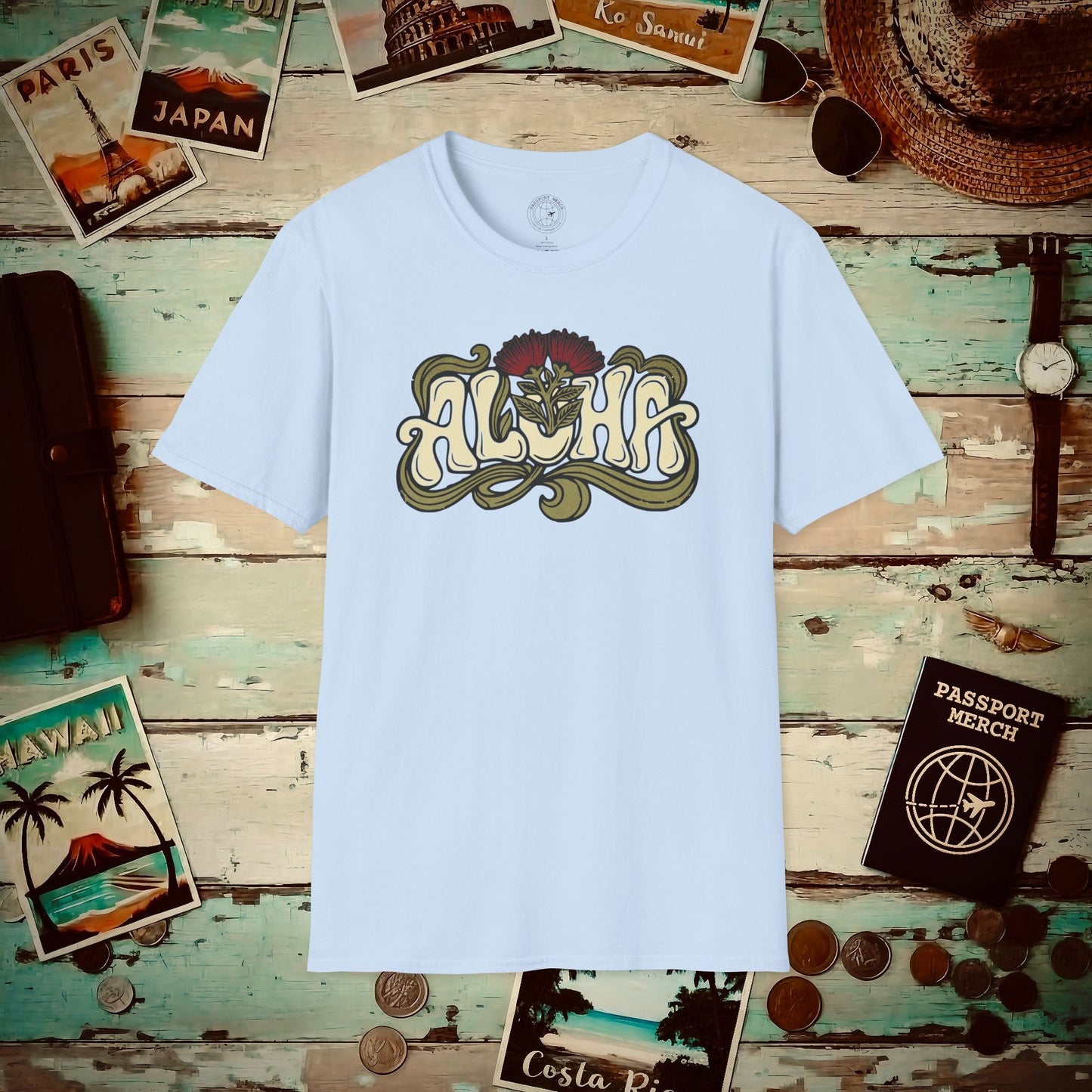 Retro Aloha Lehua Blossom, Hawaii T-Shirt Light Blue / S