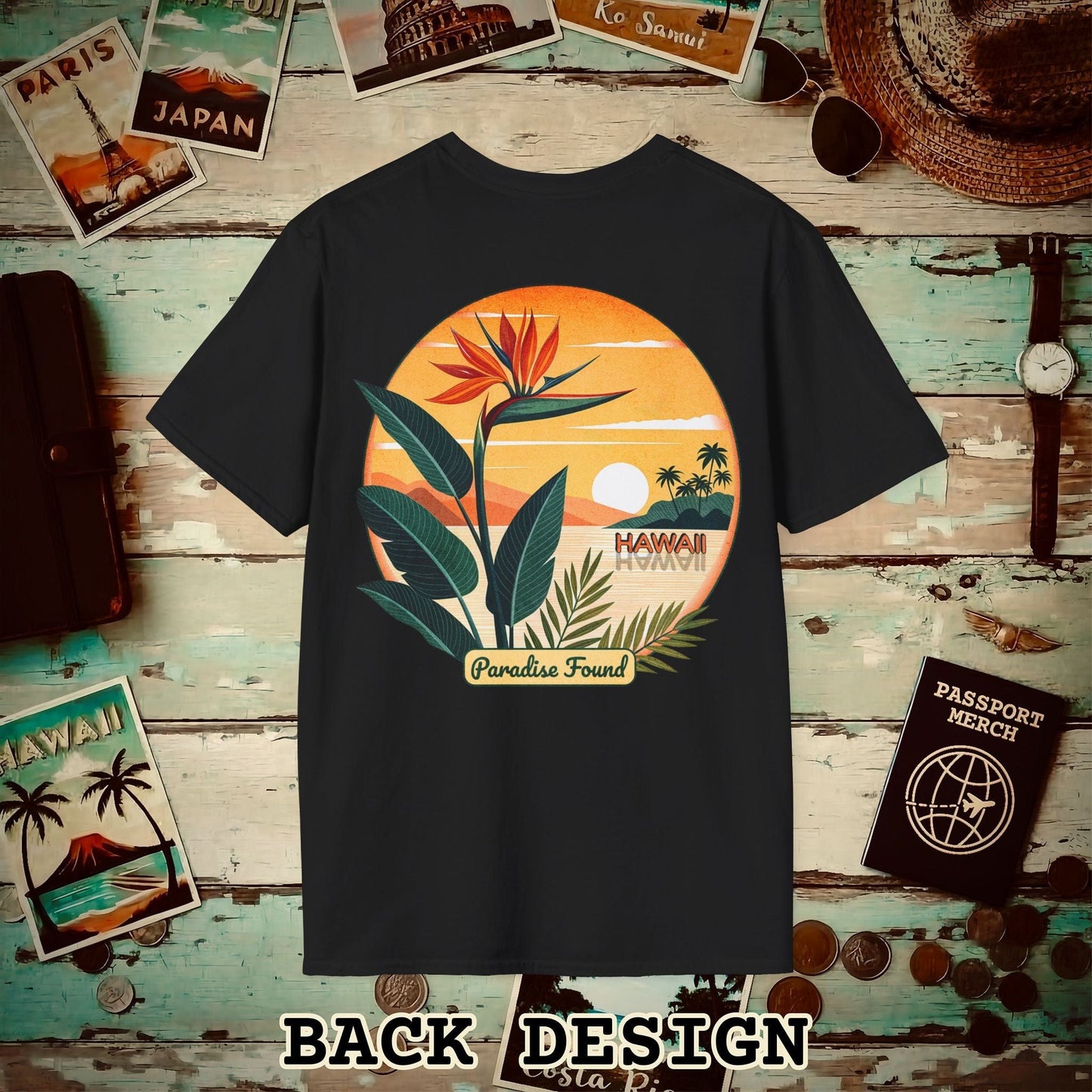 Retro (Bird of) Paradise Found, Hawaii, Back Print T-Shirt Black / S