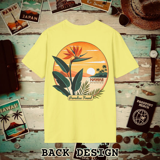 Retro (Bird of) Paradise Found, Hawaii, Back Print T-Shirt Cornsilk / S