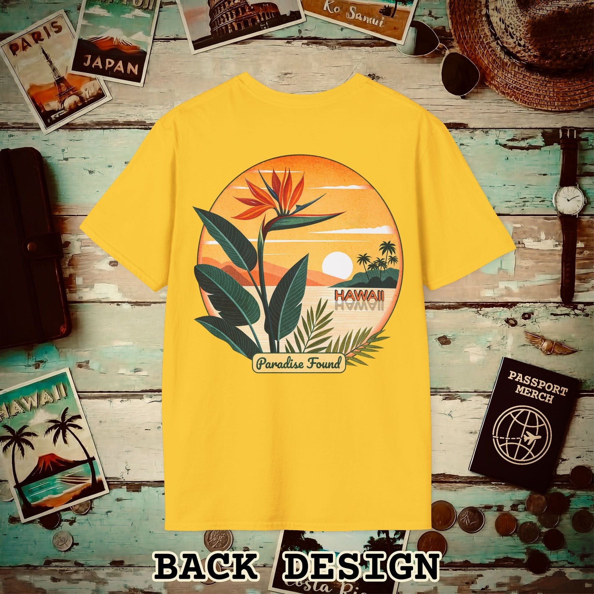 Retro (Bird of) Paradise Found, Hawaii, Back Print T-Shirt Daisy / S