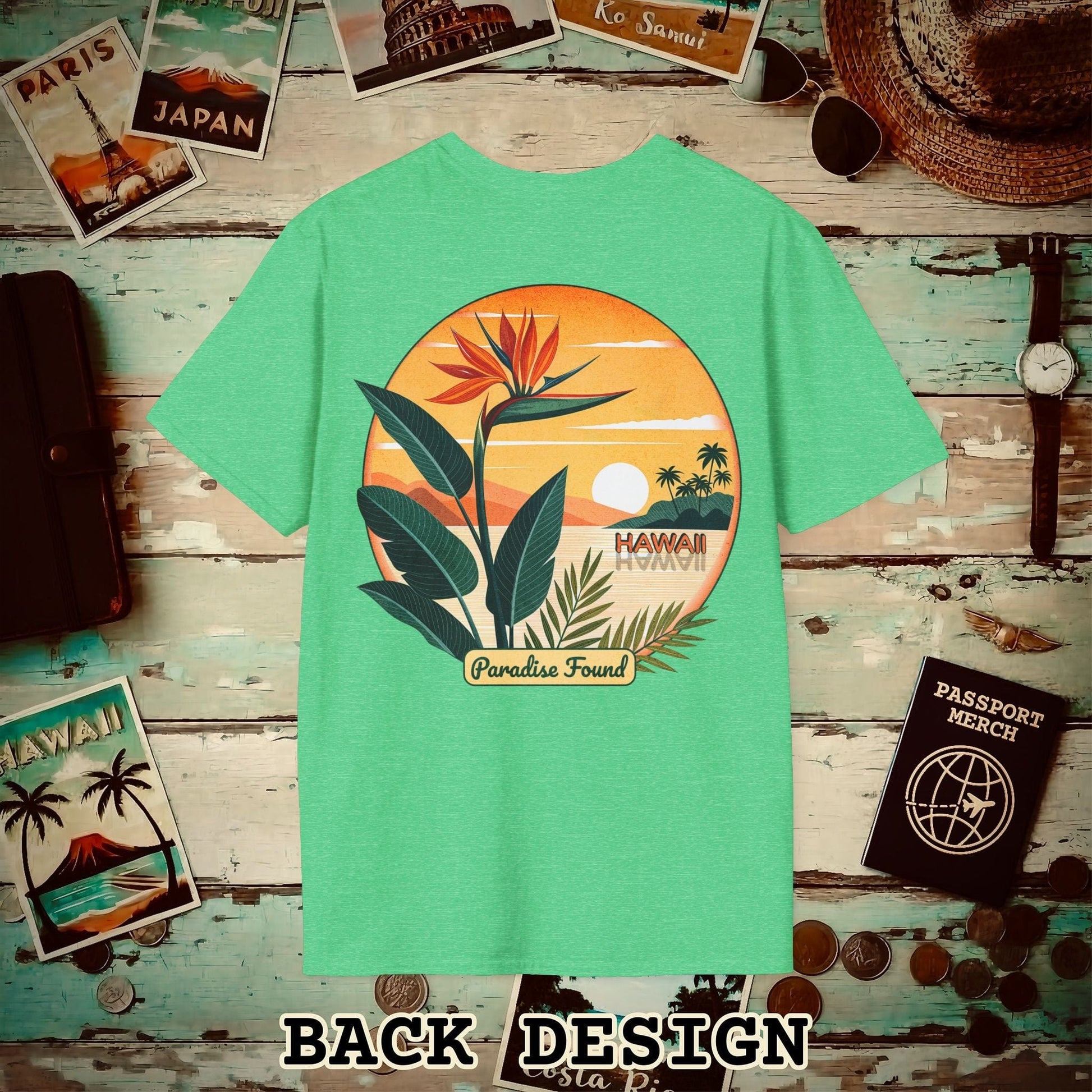 Retro (Bird of) Paradise Found, Hawaii, Back Print T-Shirt Heather Irish Green / S