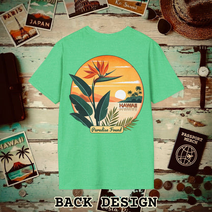 Retro (Bird of) Paradise Found, Hawaii, Back Print T-Shirt Heather Irish Green / S