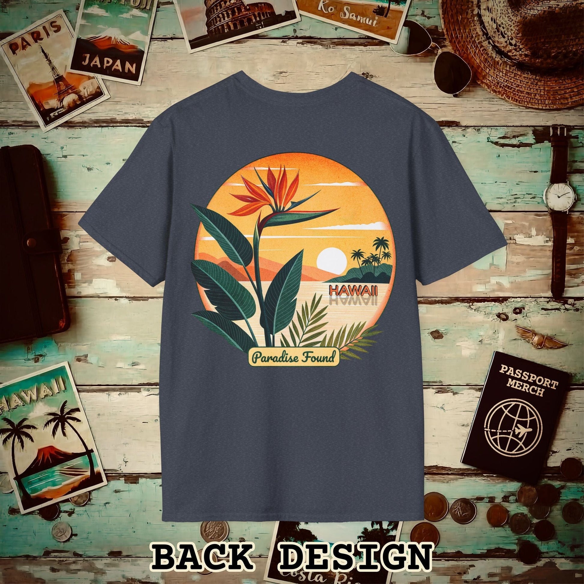 Retro (Bird of) Paradise Found, Hawaii, Back Print T-Shirt Heather Navy / S