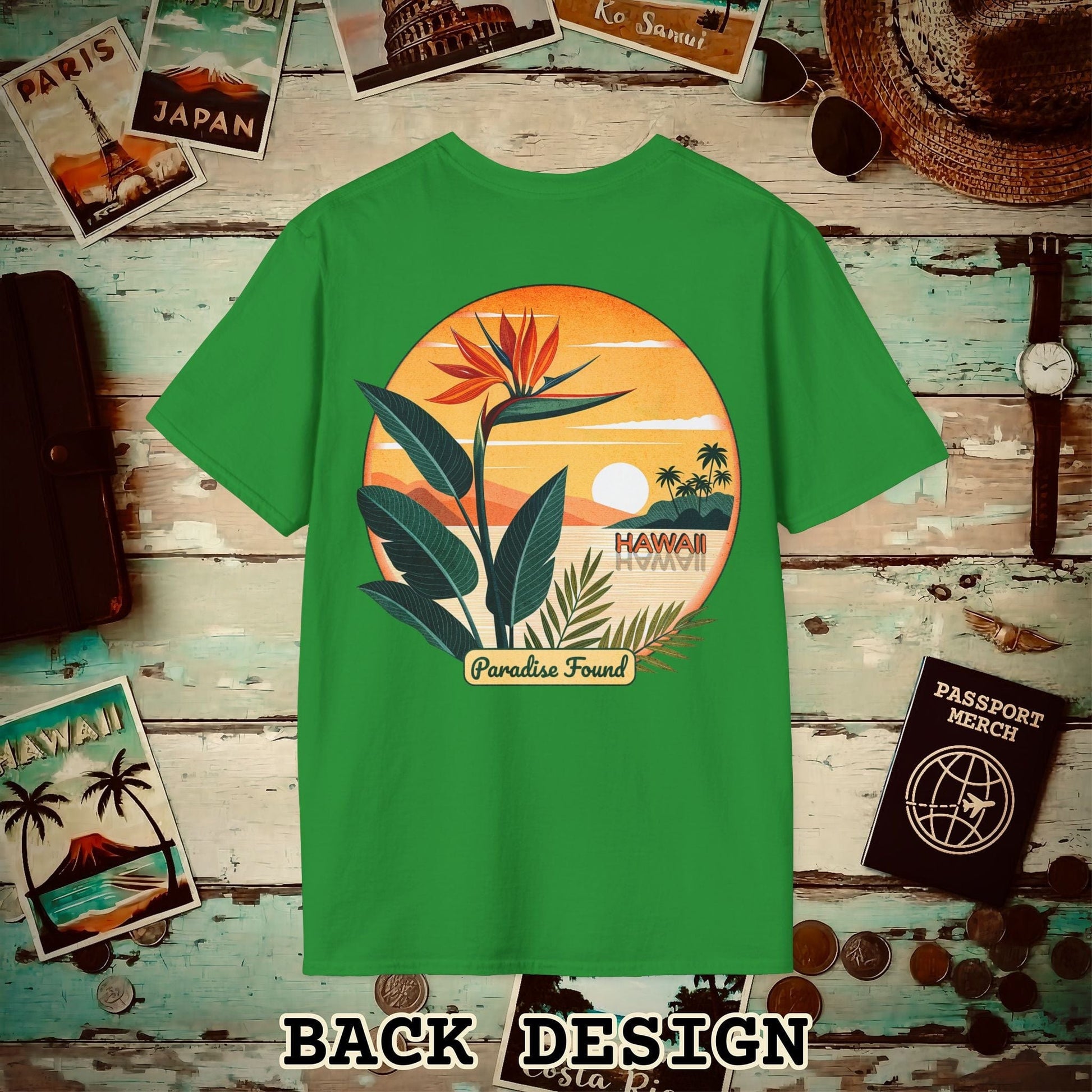 Retro (Bird of) Paradise Found, Hawaii, Back Print T-Shirt Irish Green / S