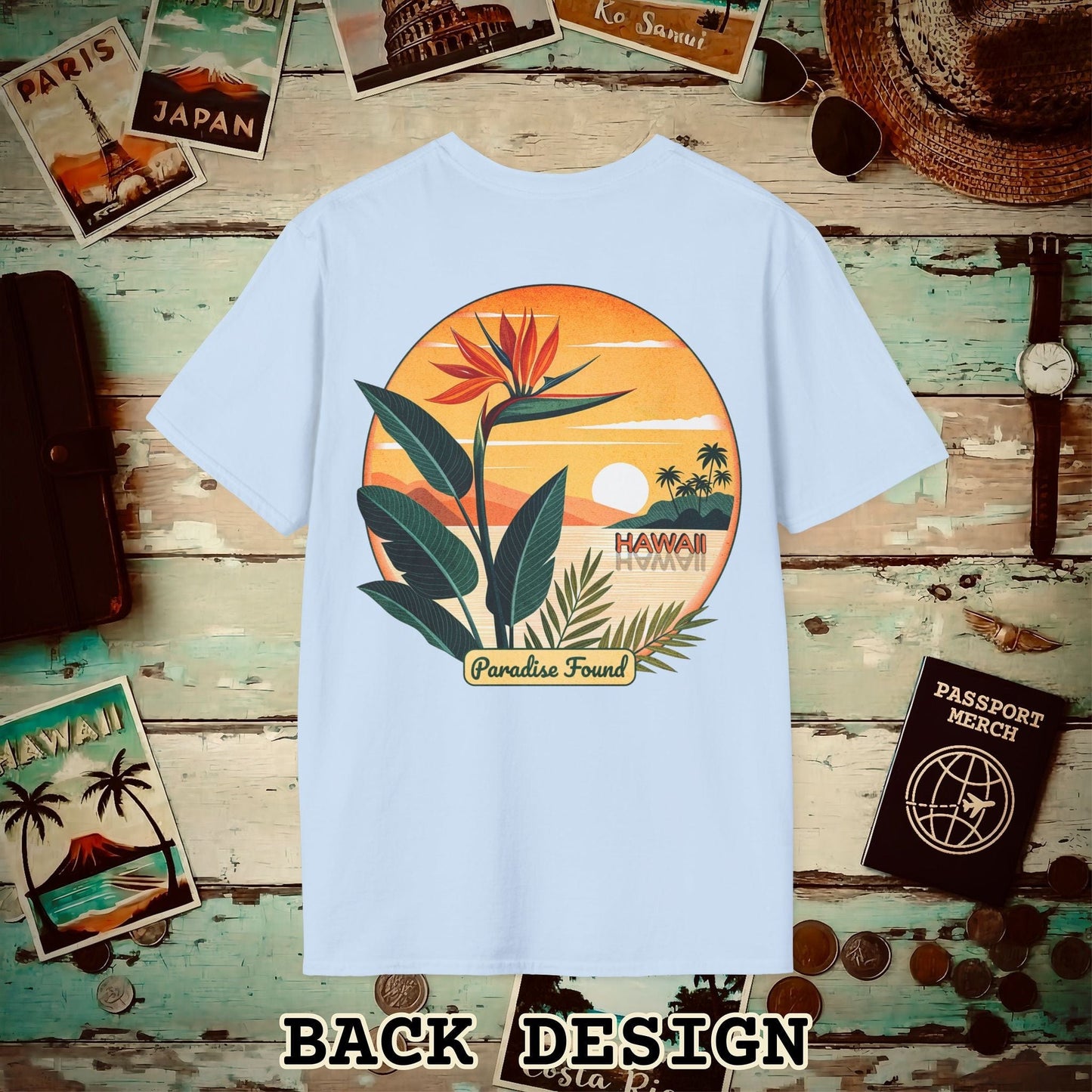 Retro (Bird of) Paradise Found, Hawaii, Back Print T-Shirt Light Blue / S