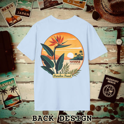 Retro (Bird of) Paradise Found, Hawaii, Back Print T-Shirt Light Blue / S