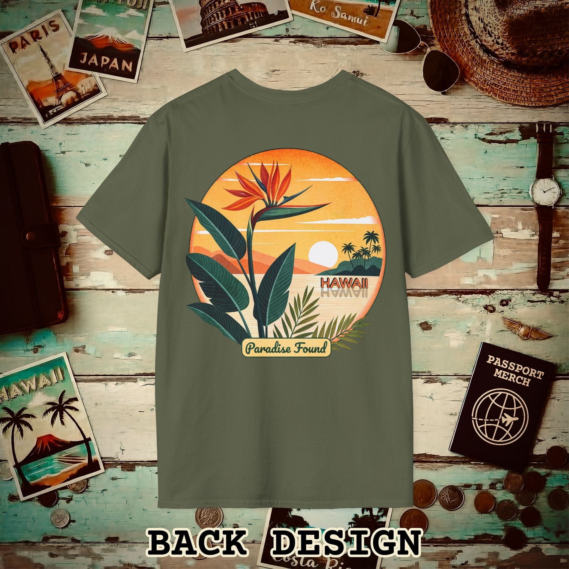 Retro (Bird of) Paradise Found, Hawaii, Back Print T-Shirt Military Green / S