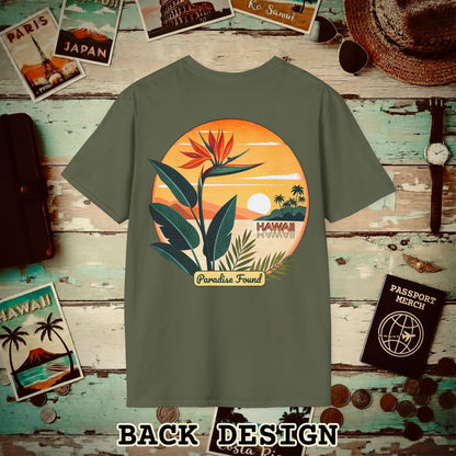Retro (Bird of) Paradise Found, Hawaii, Back Print T-Shirt Military Green / S