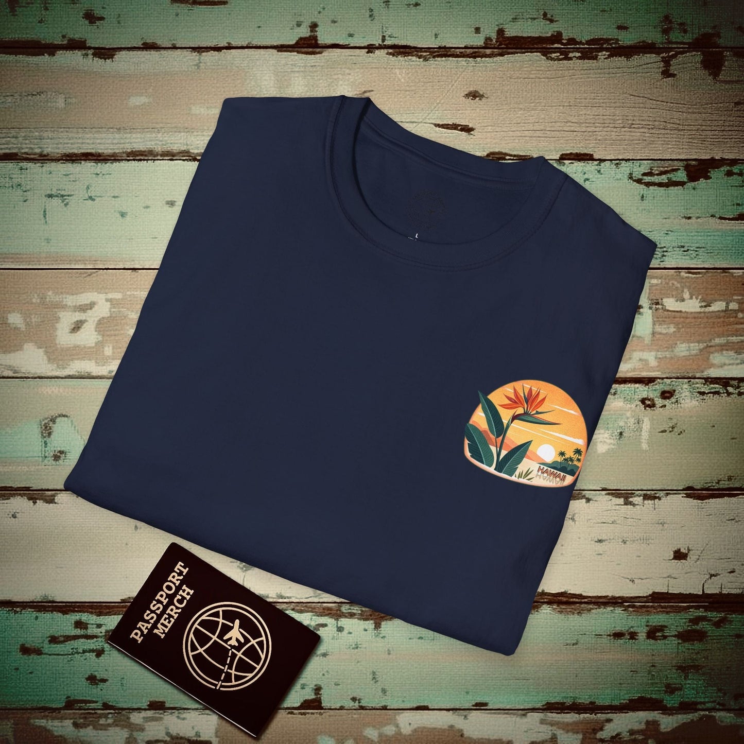 Retro (Bird of) Paradise Found, Hawaii, Back Print T-Shirt Navy / S