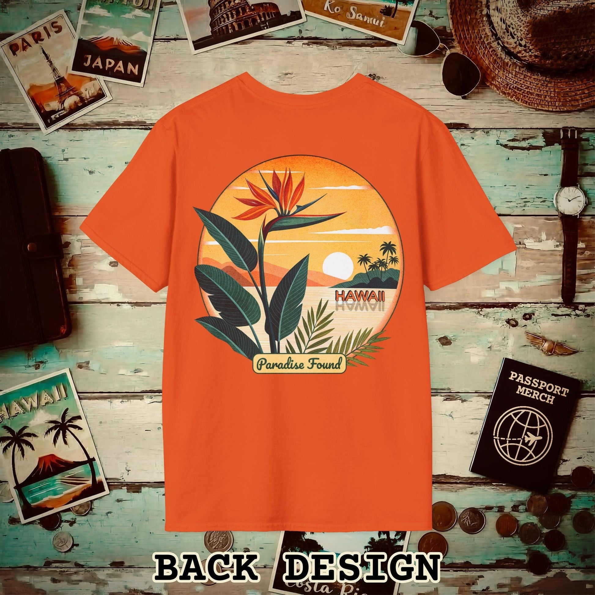 Retro (Bird of) Paradise Found, Hawaii, Back Print T-Shirt Orange / S