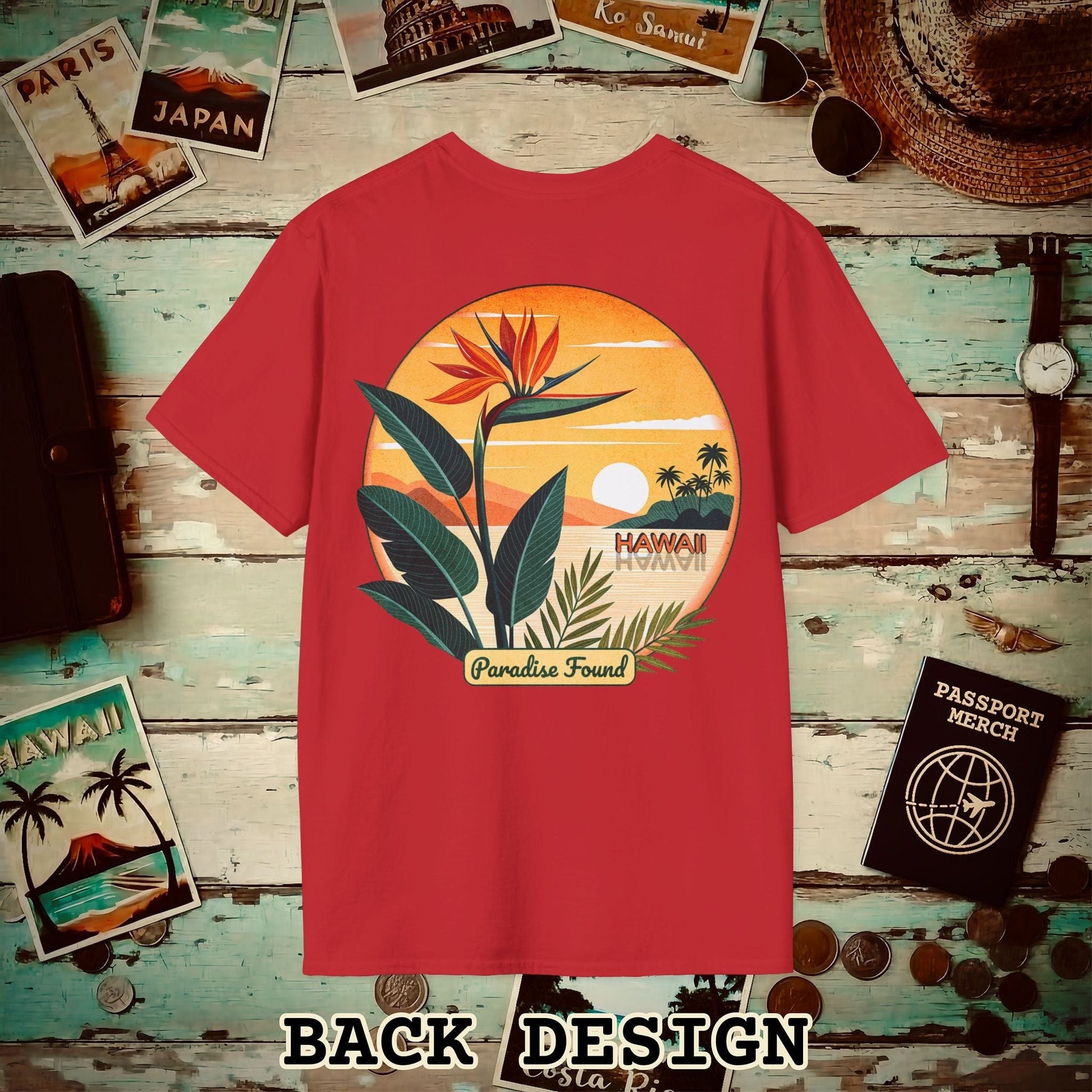 Retro (Bird of) Paradise Found, Hawaii, Back Print T-Shirt Red / S