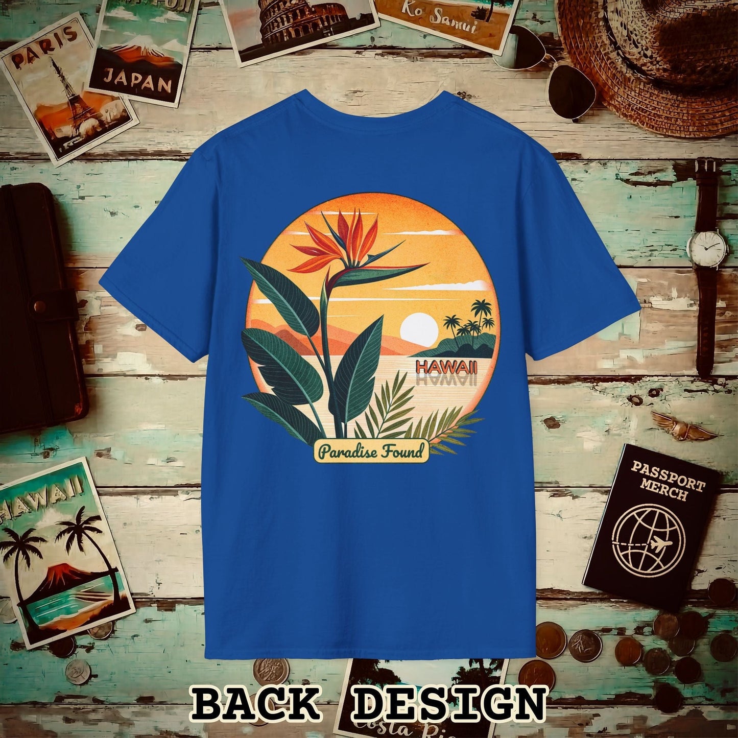 Retro (Bird of) Paradise Found, Hawaii, Back Print T-Shirt Royal / S