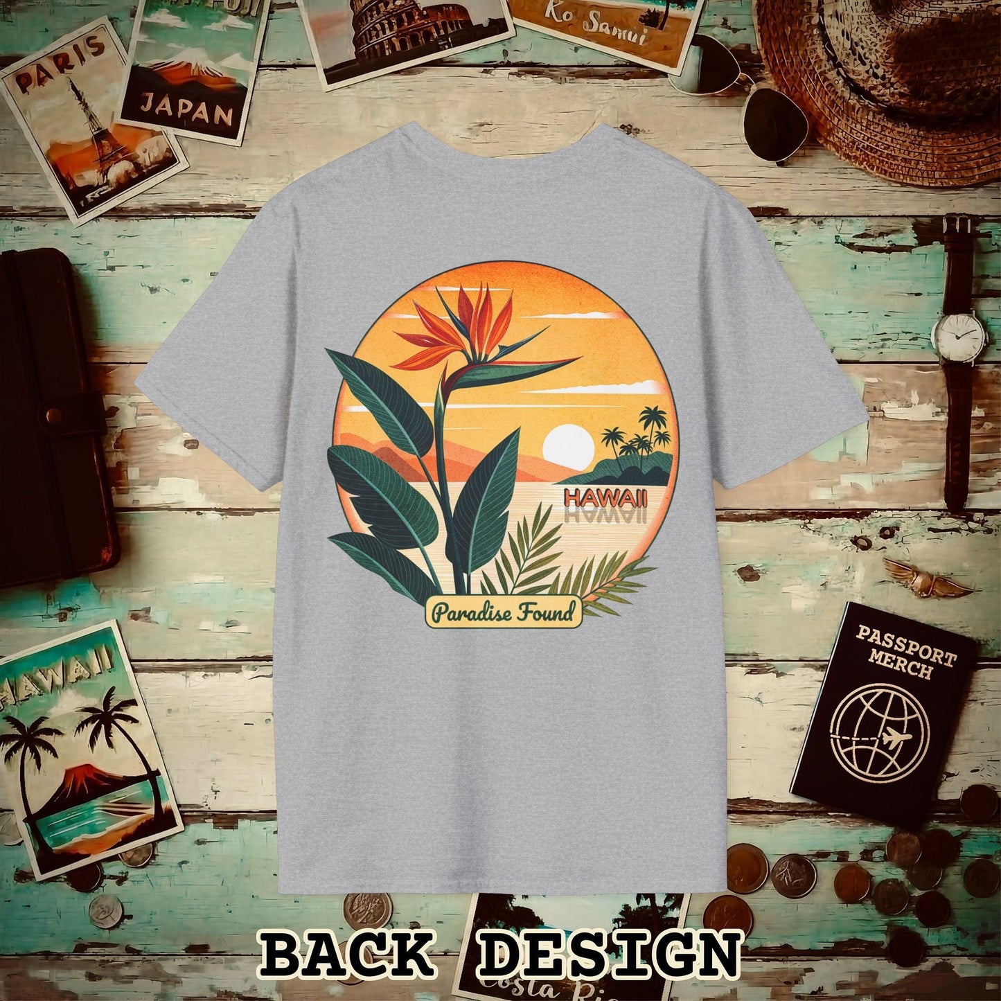 Retro (Bird of) Paradise Found, Hawaii, Back Print T-Shirt Sport Grey / S