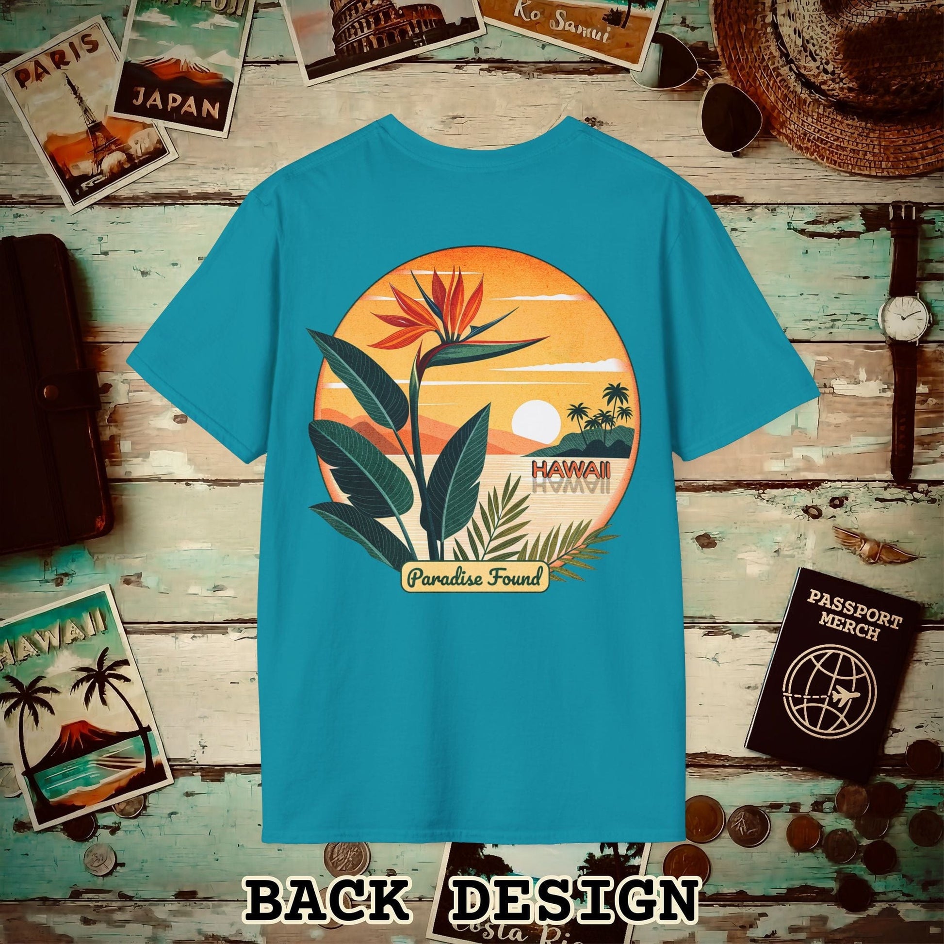Retro (Bird of) Paradise Found, Hawaii, Back Print T-Shirt Tropical Blue / S