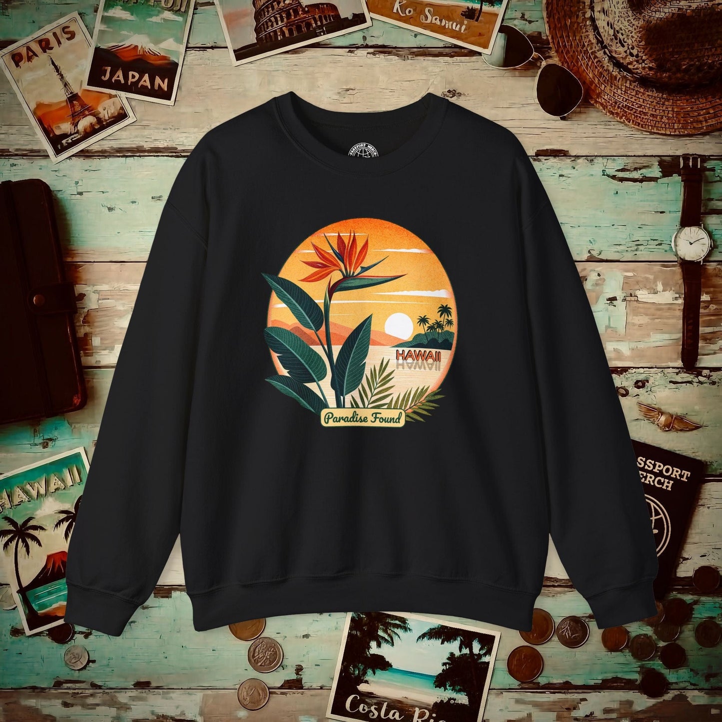 Retro (Bird of) Paradise Found, Hawaii Crewneck Black / S