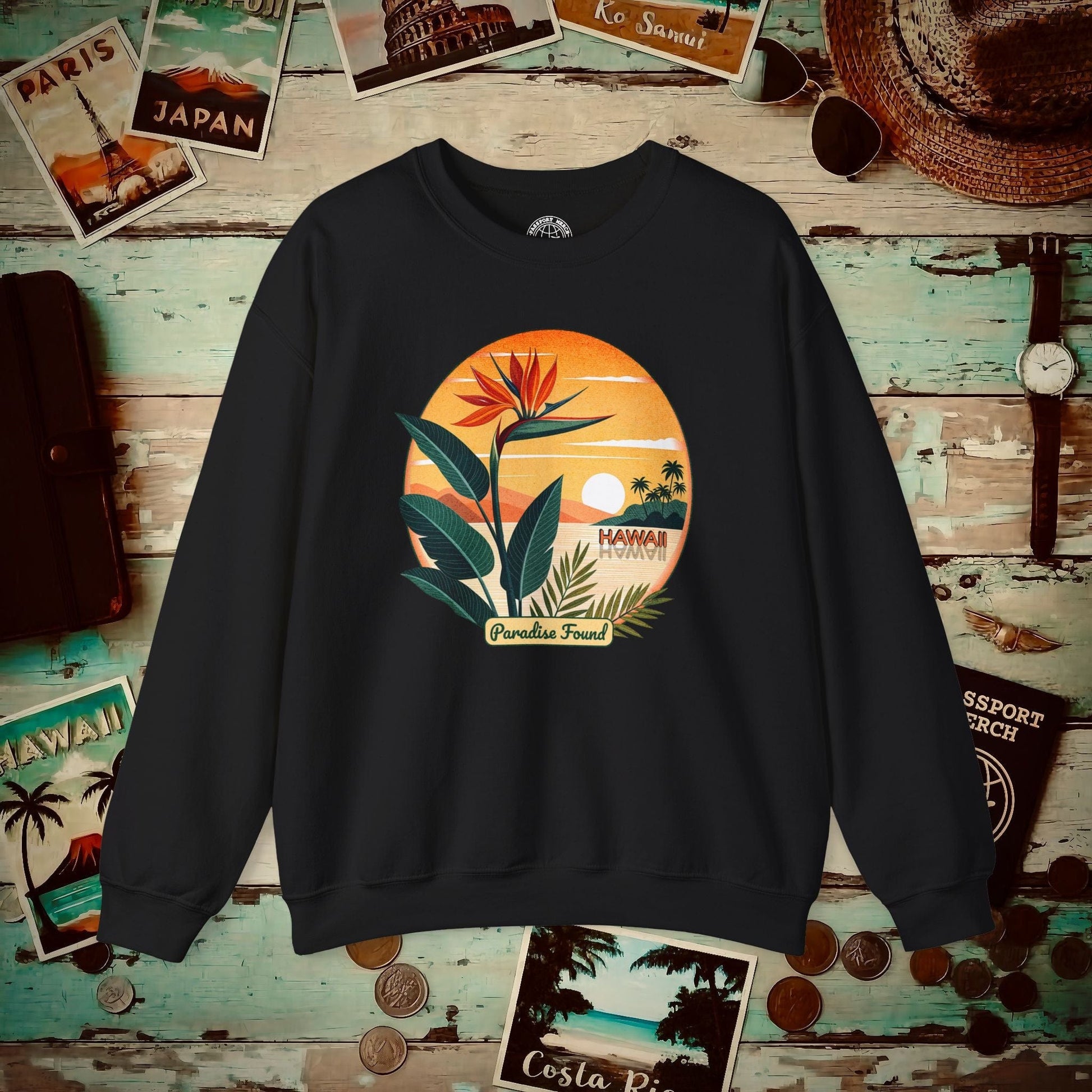 Retro (Bird of) Paradise Found, Hawaii Crewneck Black / S