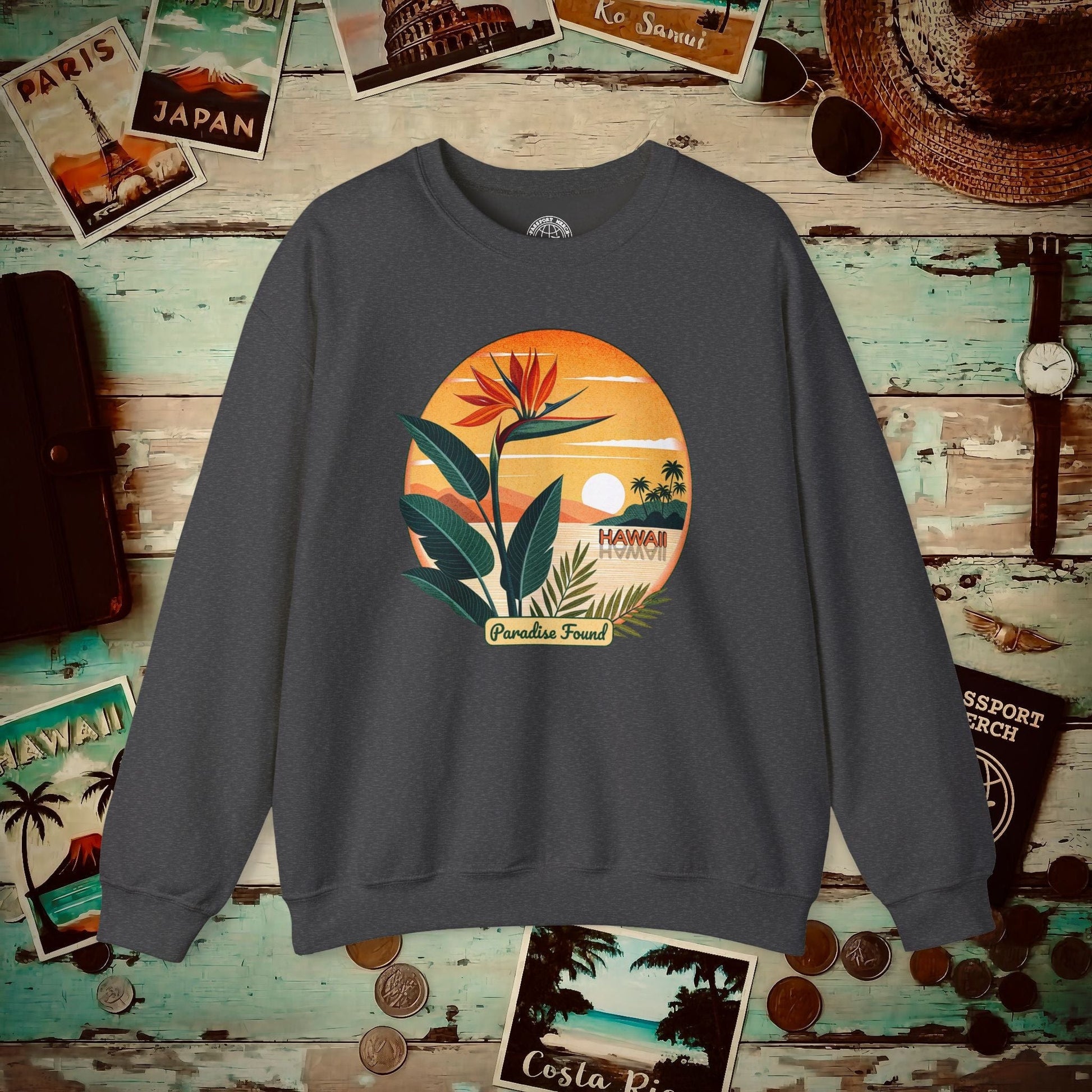 Retro (Bird of) Paradise Found, Hawaii Crewneck Dark Heather / S