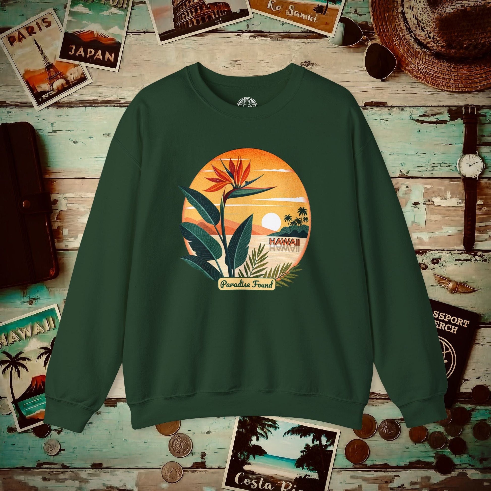 Retro (Bird of) Paradise Found, Hawaii Crewneck Forest Green / S