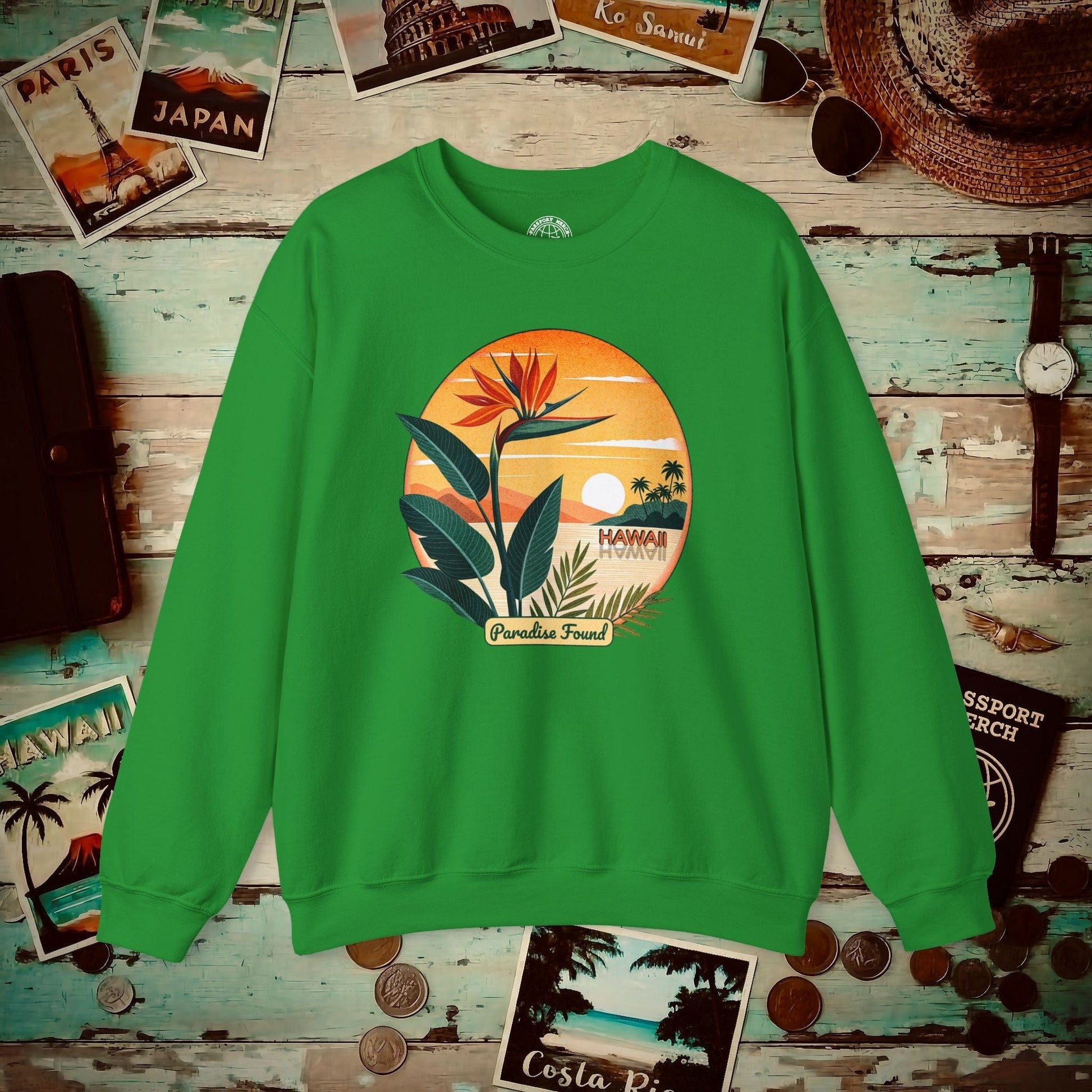 Retro (Bird of) Paradise Found, Hawaii Crewneck Irish Green / S