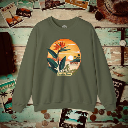 Retro (Bird of) Paradise Found, Hawaii Crewneck Military Green / S
