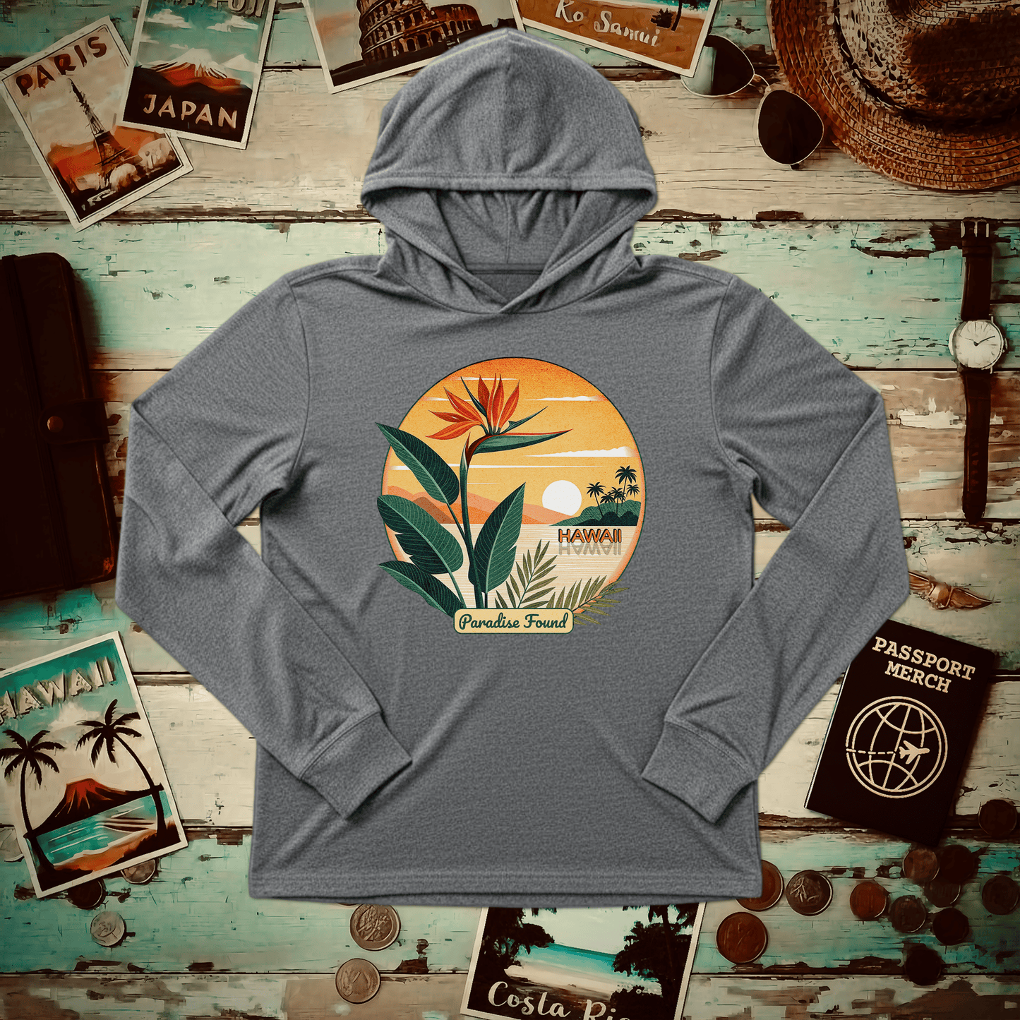 Retro (Bird of) Paradise Found, Hawaii Hooded Long Sleeve Grey TriBlend / XS