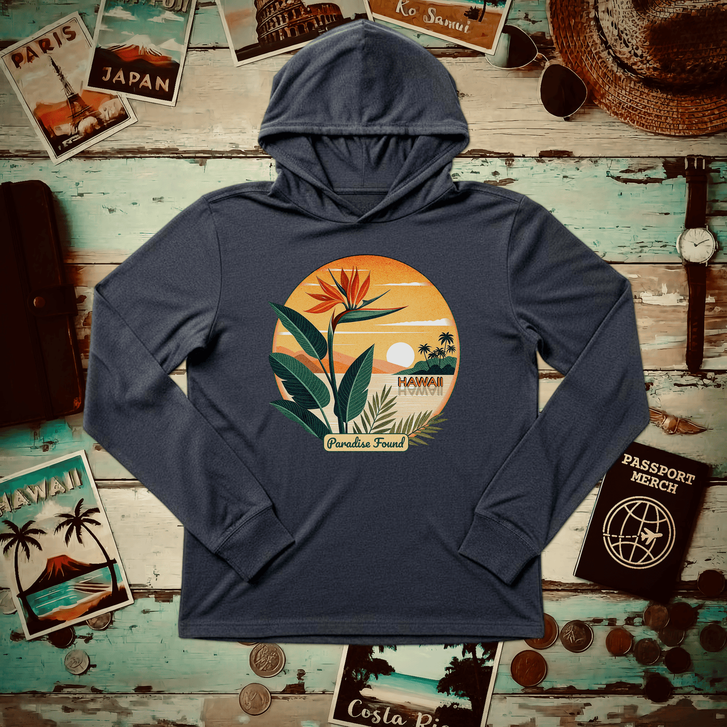 Retro (Bird of) Paradise Found, Hawaii Hooded Long Sleeve Heather Navy / XS