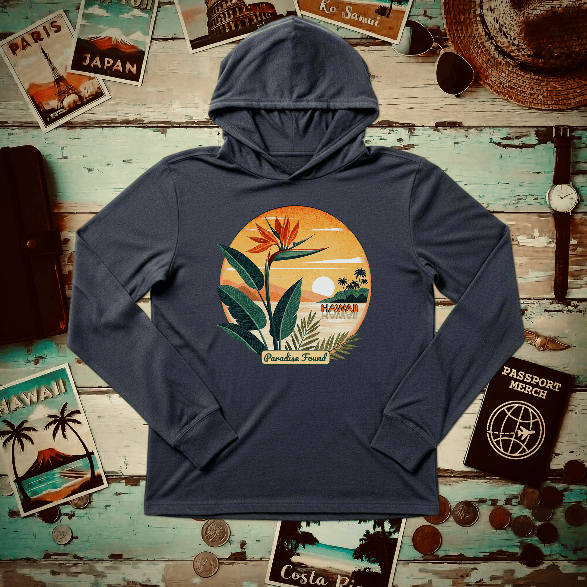 Retro (Bird of) Paradise Found, Hawaii Hooded Long Sleeve Heather Navy / XS